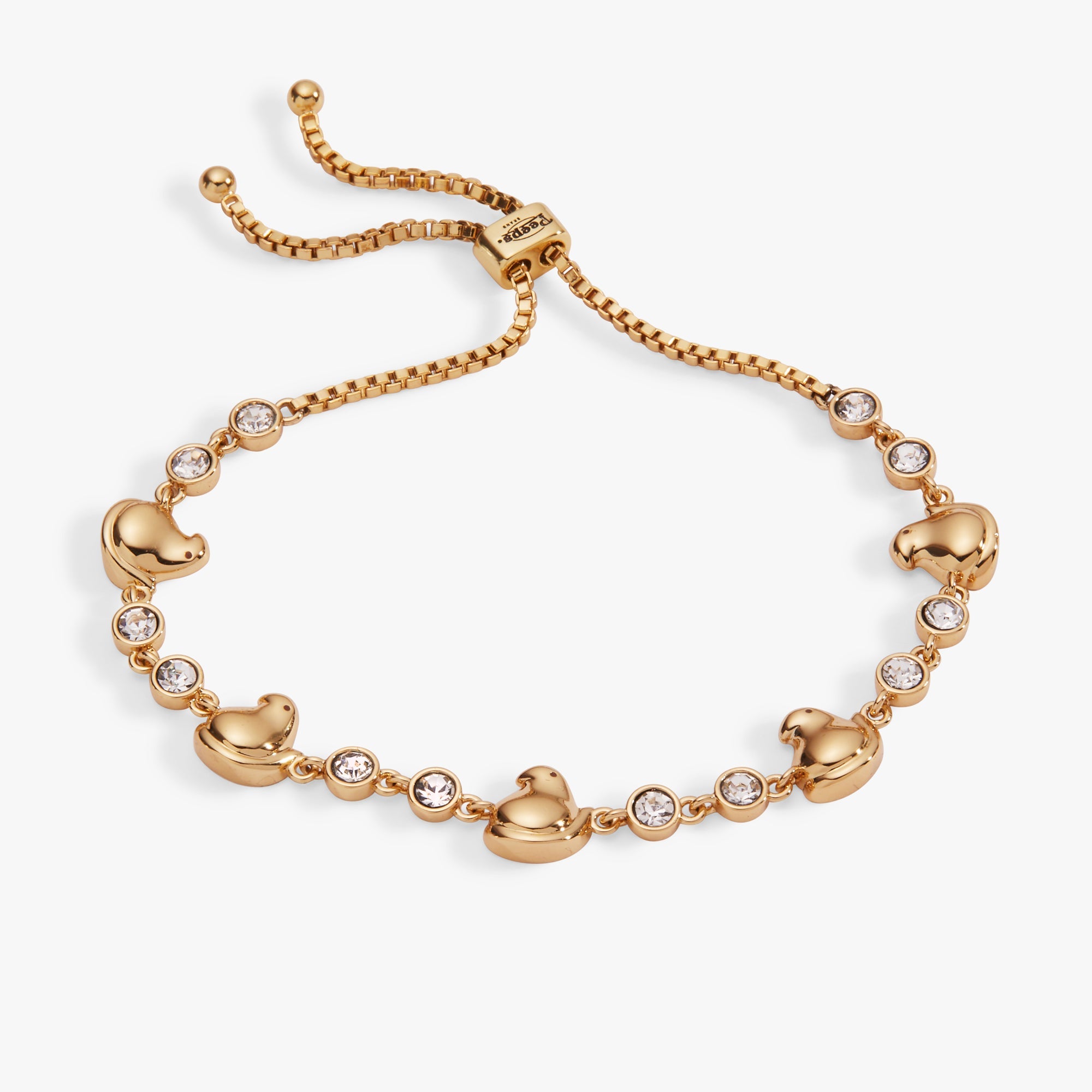 Gold PEEPS® Chick Bolo bracelet by ALEX AND ANI featuring a charming chick charm on a sleek bolo bracelet.