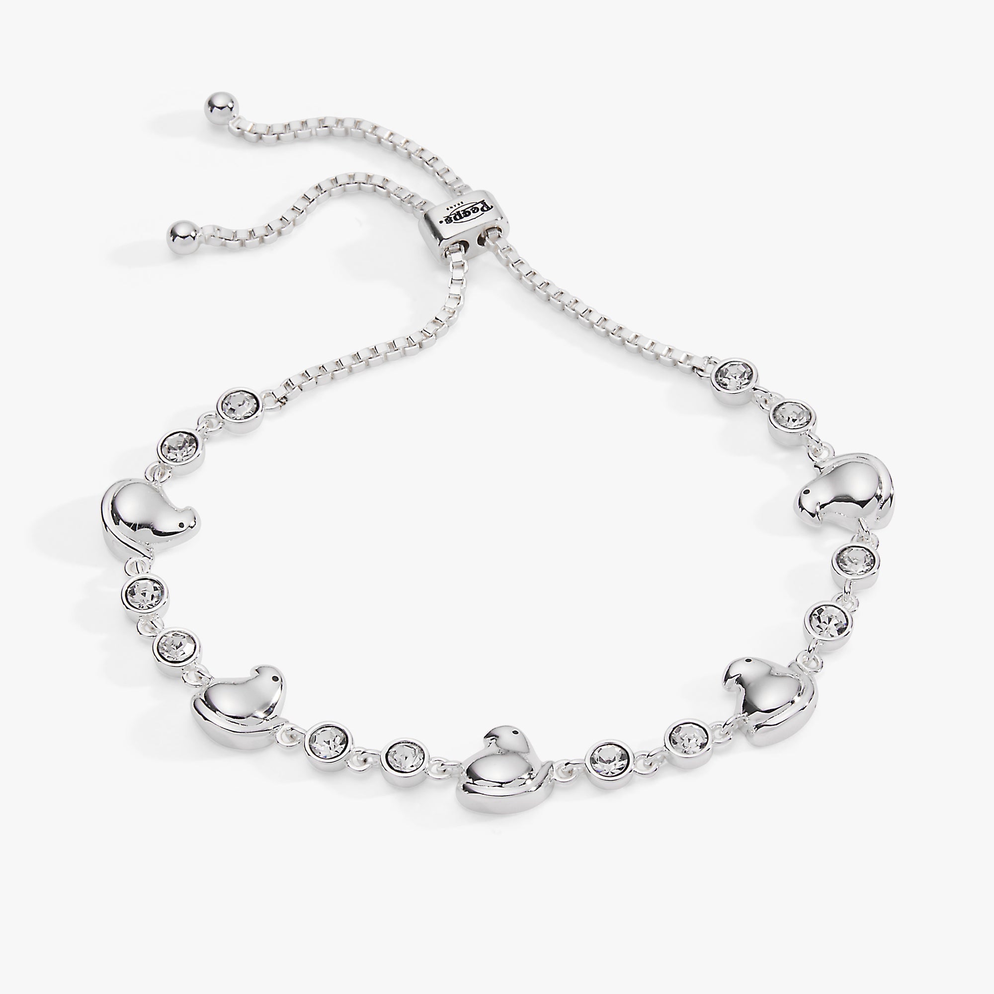 Gold PEEPS® Chick Bolo Bracelet by ALEX AND ANI featuring a charm with colorful chick design on a sleek gold bracelet.