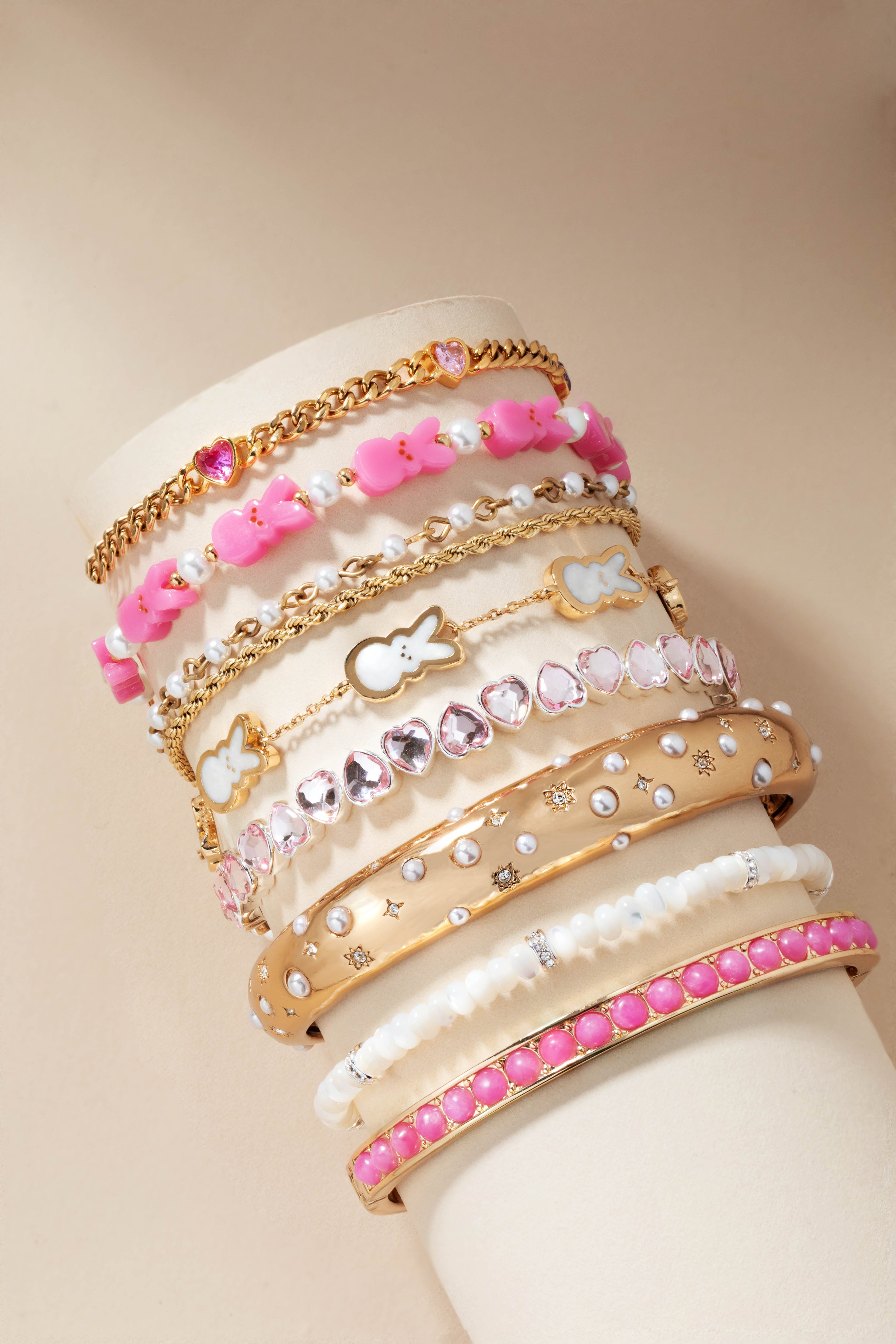 Gold PEEPS® Pearlized Bunny Charm Bracelet by ALEX AND ANI, featuring a bunny charm on a stylish bracelet.