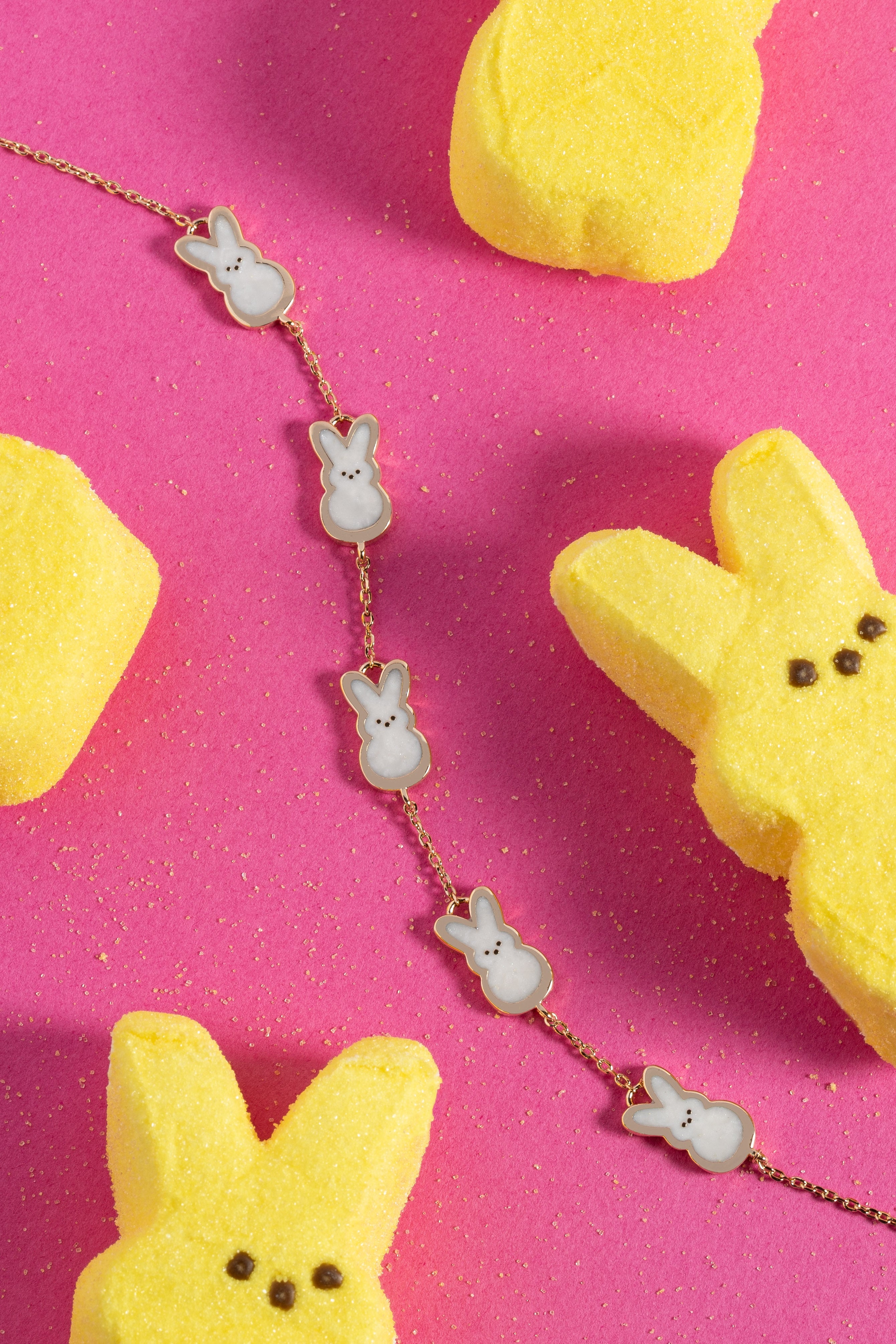 Gold PEEPS® Pearlized Bunny Charm Bracelet by ALEX AND ANI featuring a bunny charm on a delicate bracelet.