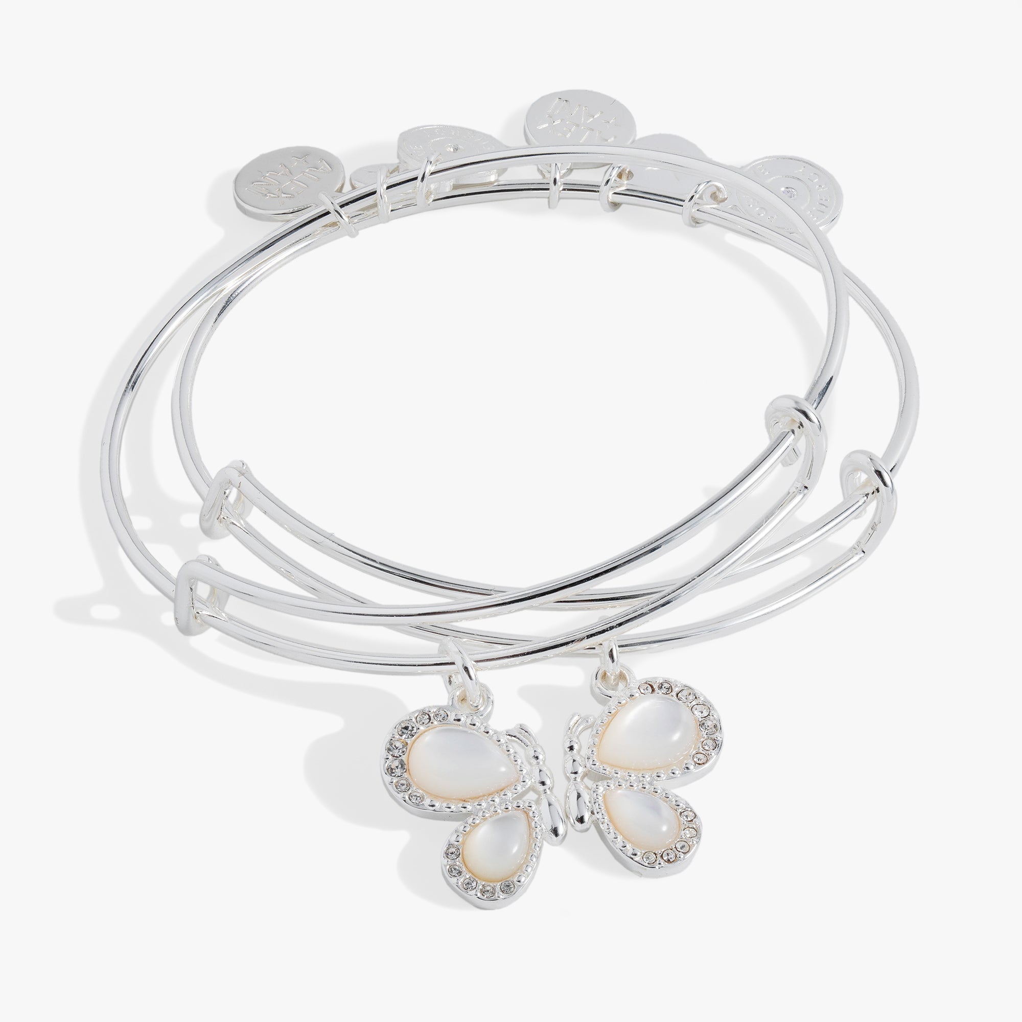 Gold butterfly wings bangle set of 2 by ALEX AND ANI, featuring delicate butterfly designs for stylish wrist accessories.