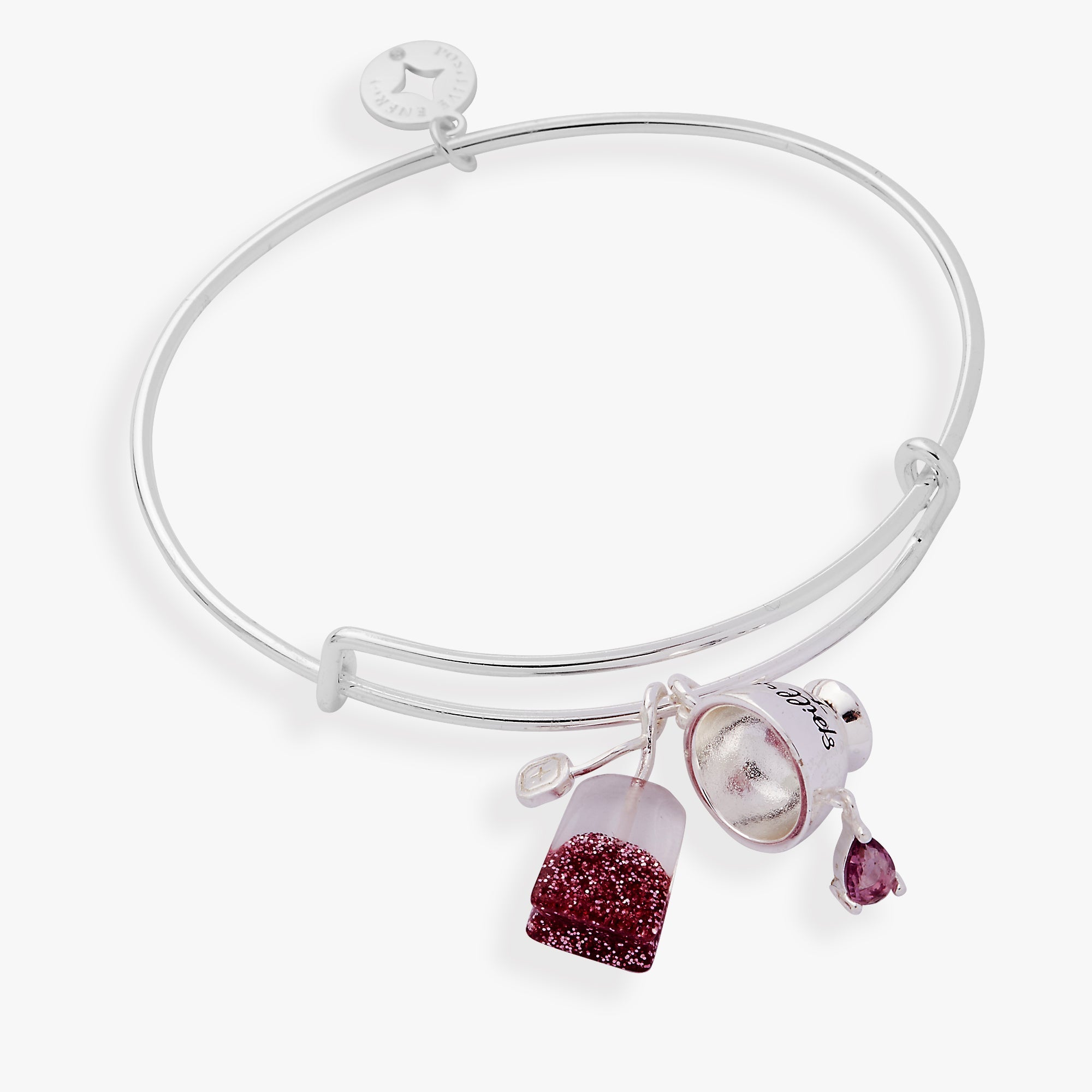 Gold ALEX AND ANI bracelet featuring a "Spill the Tea" cup and tea bag charm, stylish bangle jewelry for tea lovers.