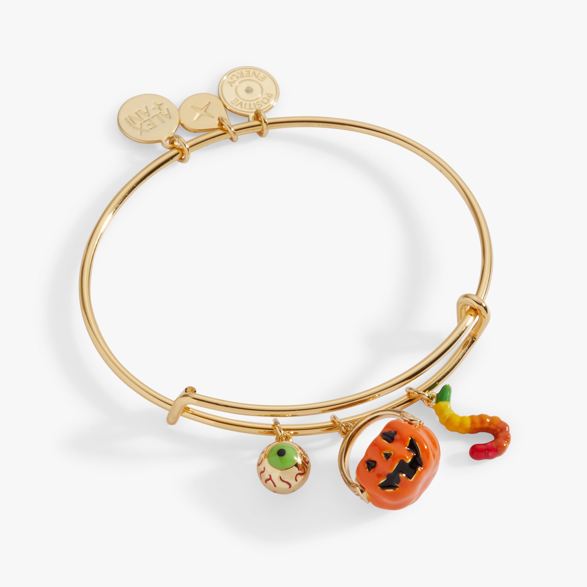 Gold 'Trick or Treat' Multi Charm Bangle by ALEX AND ANI featuring Halloween-themed charms on a stylish bracelet.