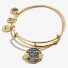 ALEX AND ANI Harry Potter charm bangle featuring pumpkin juice and butter beer charms on a gold bracelet.