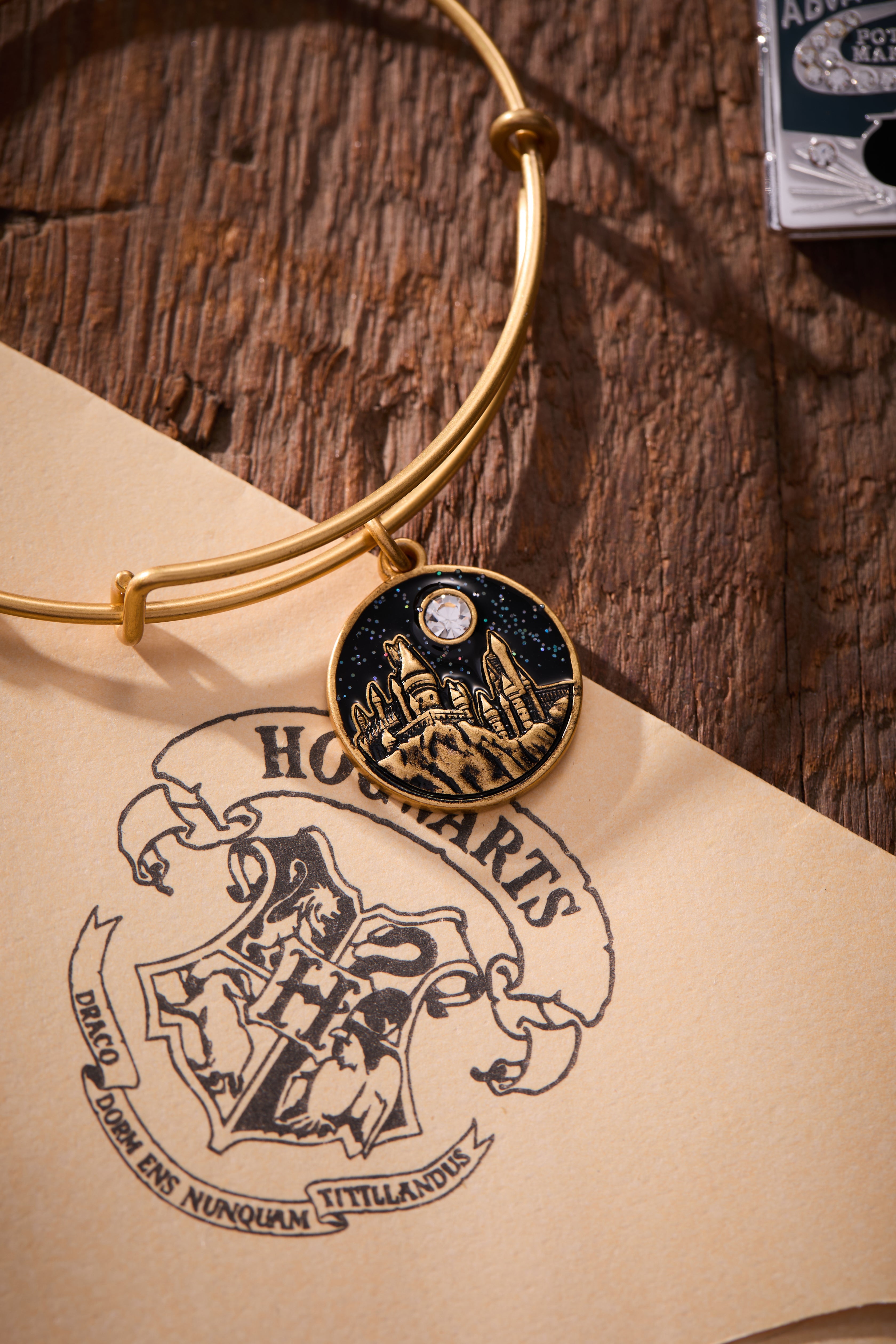 ALEX AND ANI Harry Potter Hogwarts Castle charm bangle with gold finish and detailed Hogwarts castle design.