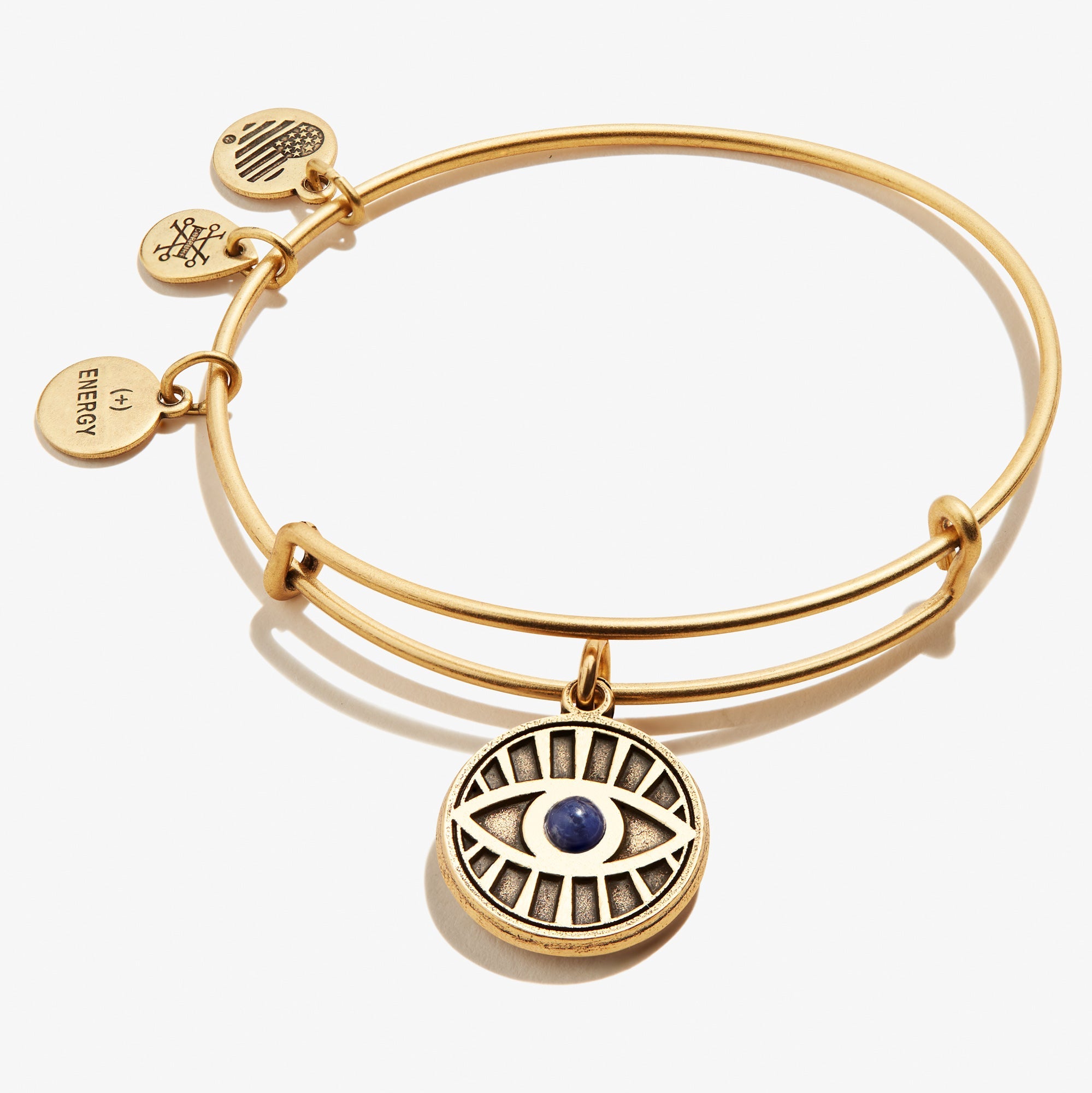 Silver Evil Eye and Sodalite Charm Bangle by ALEX AND ANI featuring a protective eye symbol and blue stone accents.