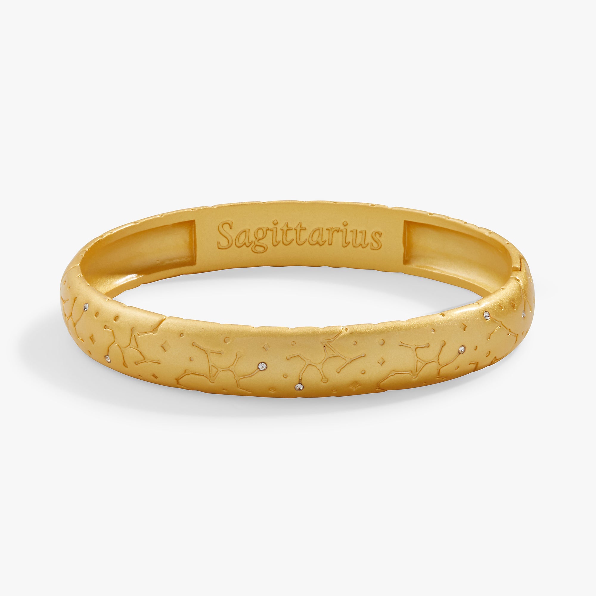 Sagittarius Zodiac Hinge Bangle bracelet by ALEX AND ANI in satin gold with zodiac symbol detail.