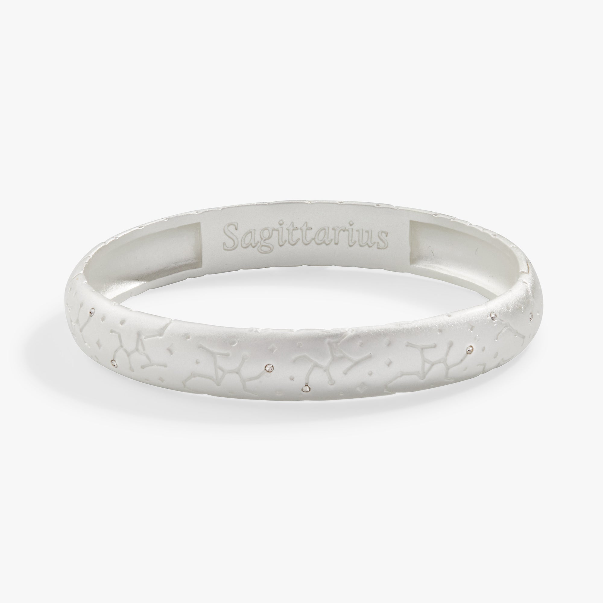Sagittarius Zodiac Hinge Bangle bracelet by ALEX AND ANI in satin gold with zodiac symbol detail.