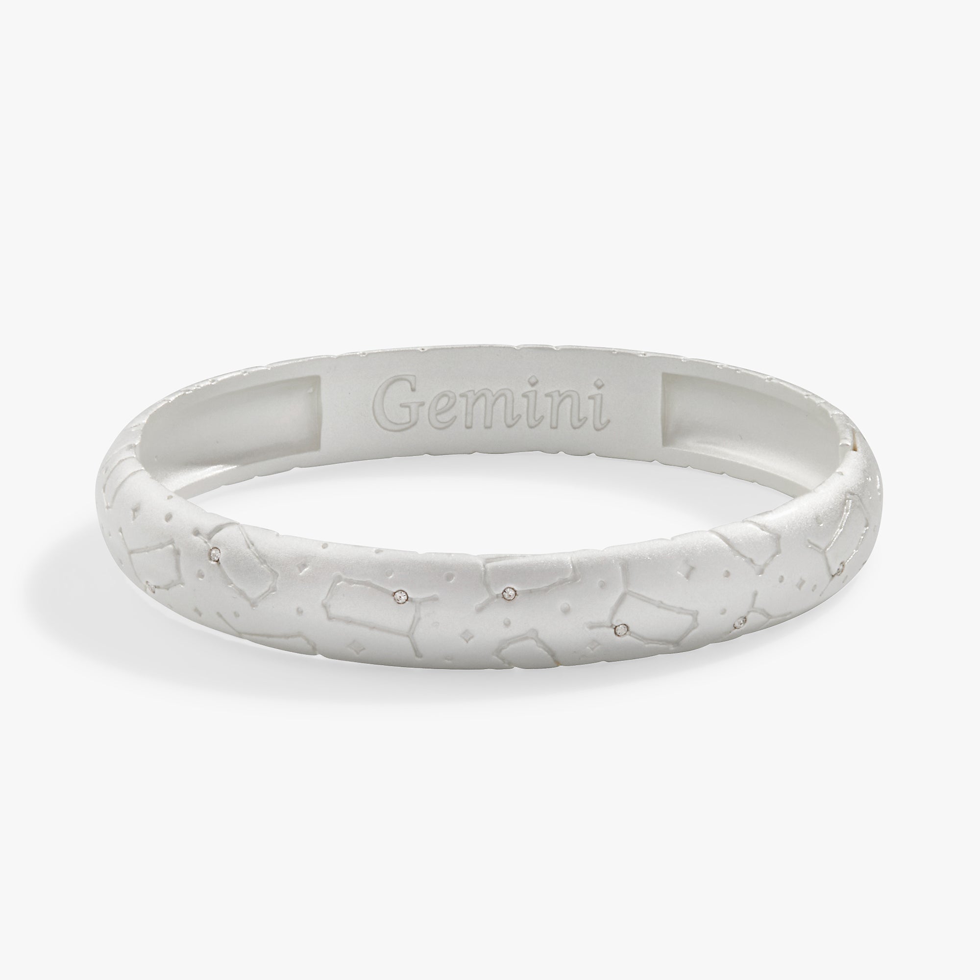Satin silver Gemini Zodiac hinge bangle bracelet by ALEX AND ANI with engraved zodiac symbol and sleek design.
