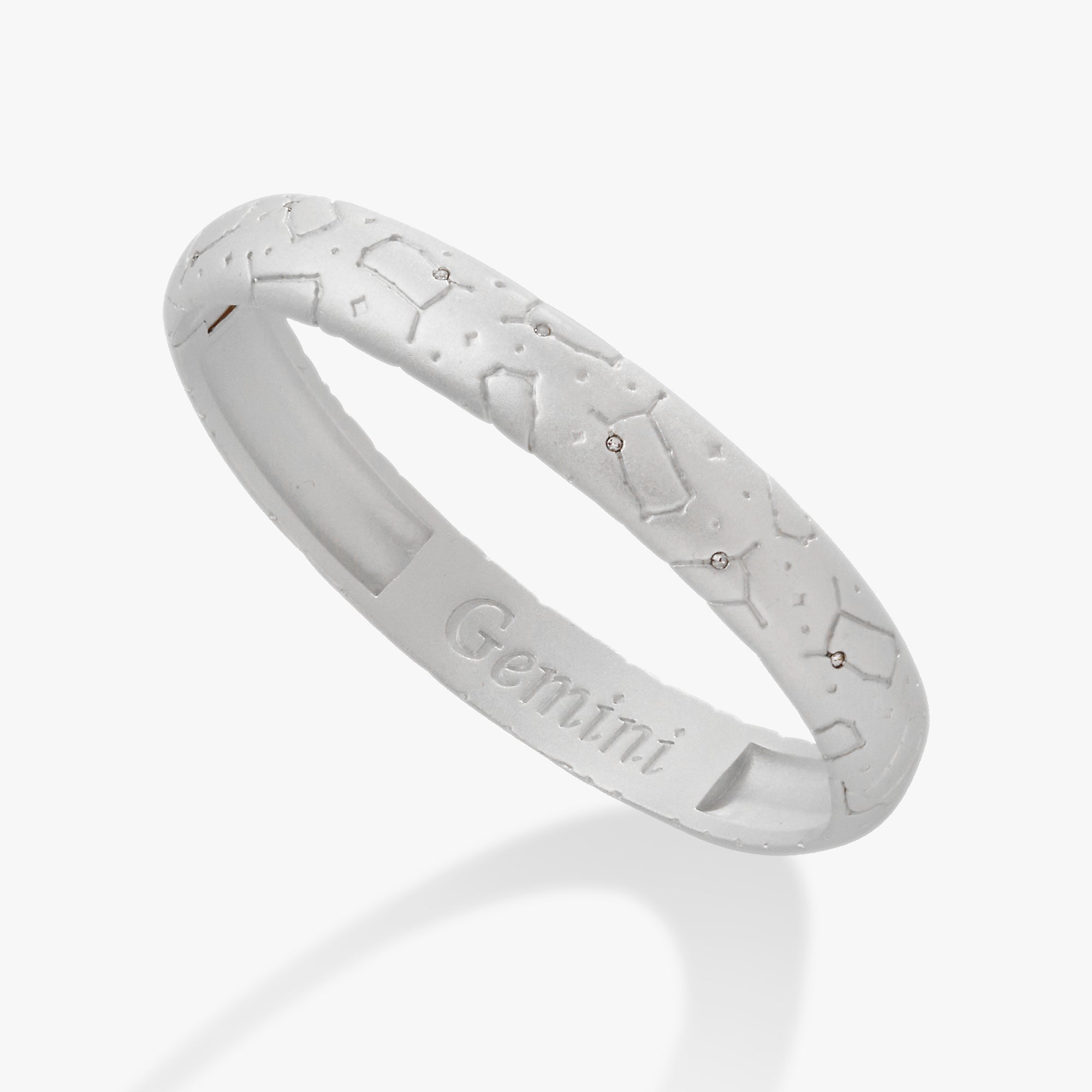 Satin silver Gemini Zodiac hinge bracelet by ALEX AND ANI featuring zodiac symbol and sleek design.