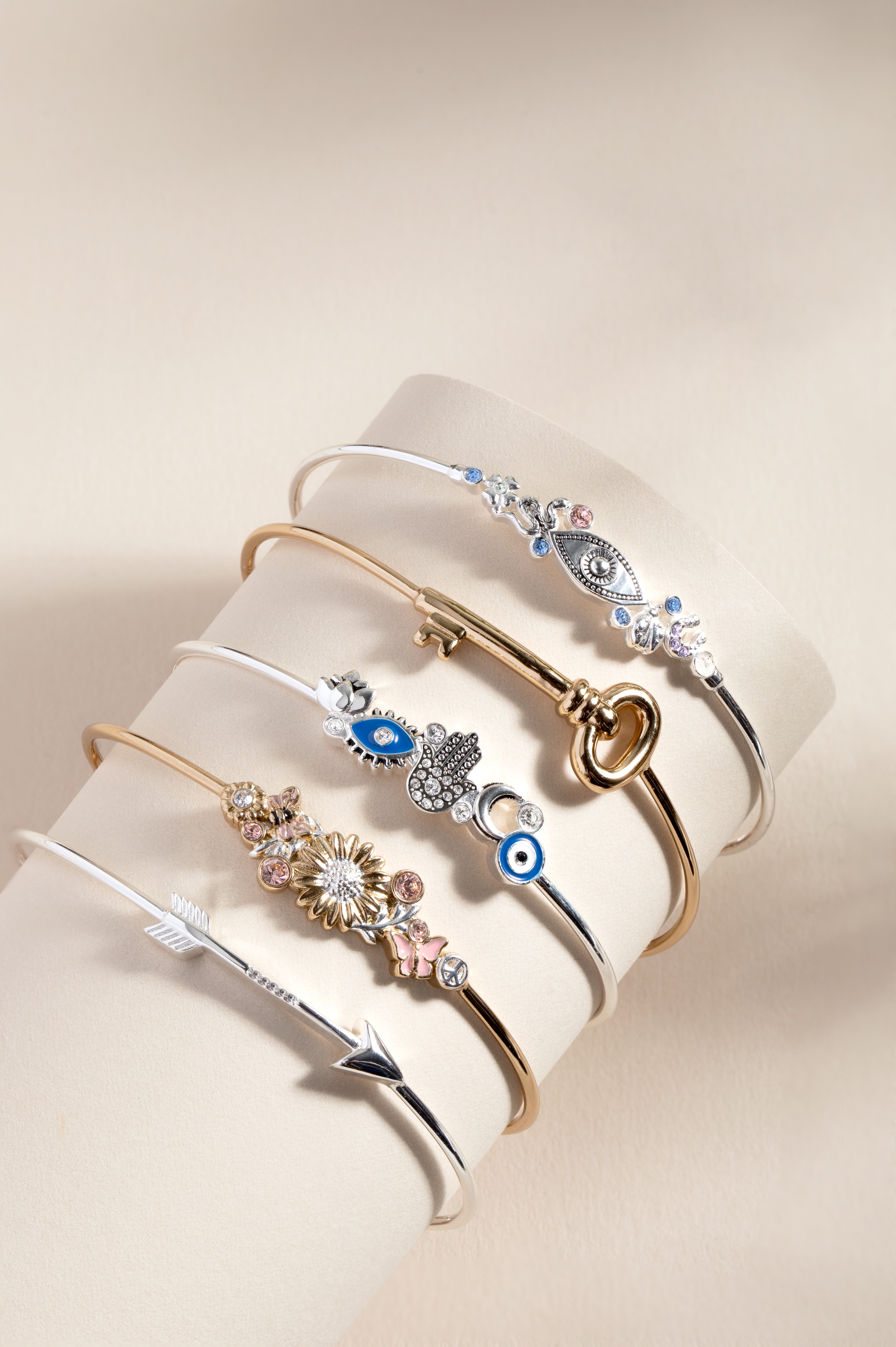 Silver Evil Eye Inline Bangle bracelet by ALEX AND ANI featuring a detailed evil eye charm on a sleek silver band.