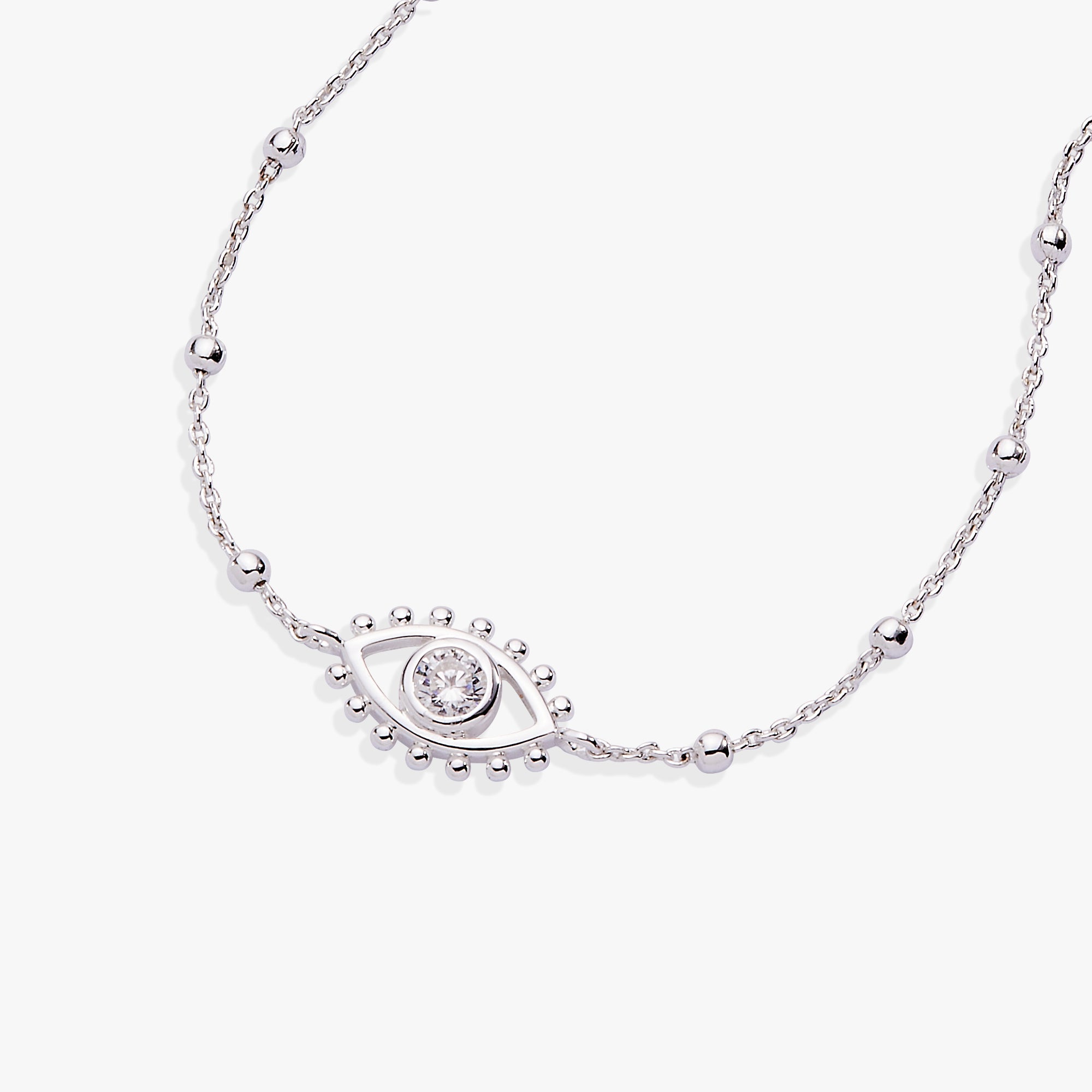 Silver Evil Eye Inline Bracelet by ALEX AND ANI showing a sleek bracelet with evil eye charm and minimalist design.