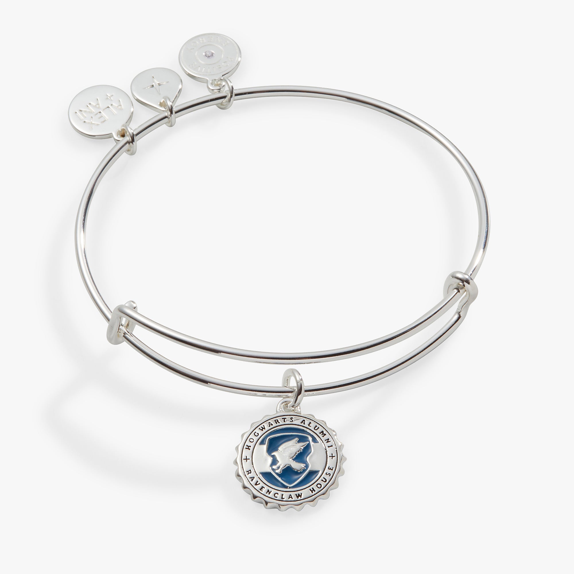Silver Harry Potter Ravenclaw House Charm Bangle by ALEX AND ANI featuring a detailed Ravenclaw emblem on a sleek bracelet.