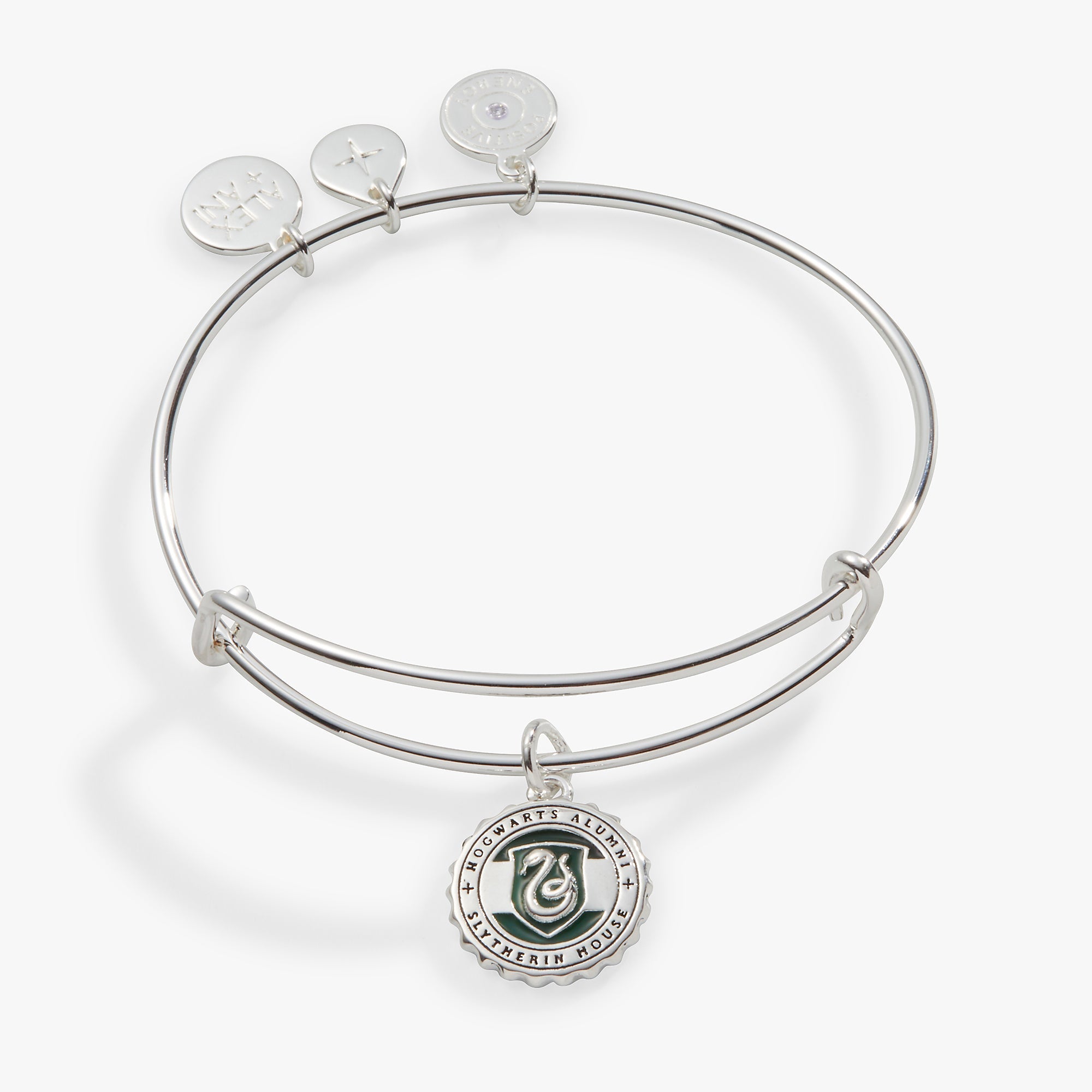 Silver Harry Potter Slytherin House charm bangle by ALEX AND AN I featuring a snake and house crest design.