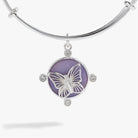 Silver bangle bracelet with lavender butterfly charm by ALEX AND ANI, featuring delicate butterfly and floral details.