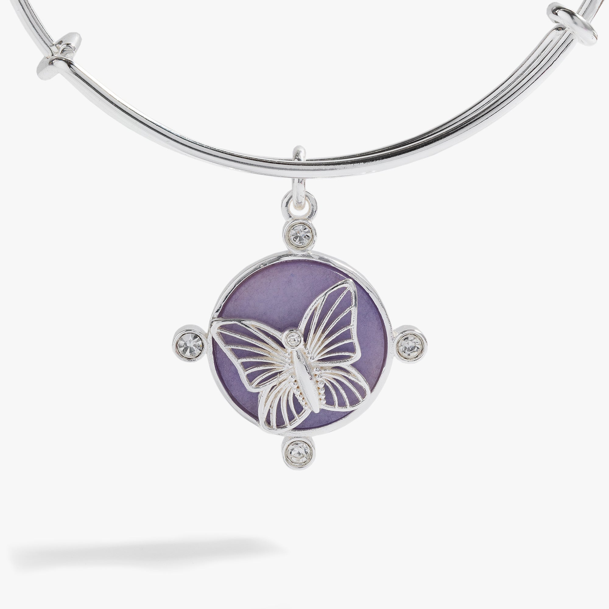 Silver bangle bracelet with lavender butterfly charm by ALEX AND ANI, featuring delicate butterfly and floral details.