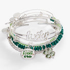 Set of five ALEX AND ANI silver lucky four-leaf clover bracelets, delicate bangles with floral-inspired charms.