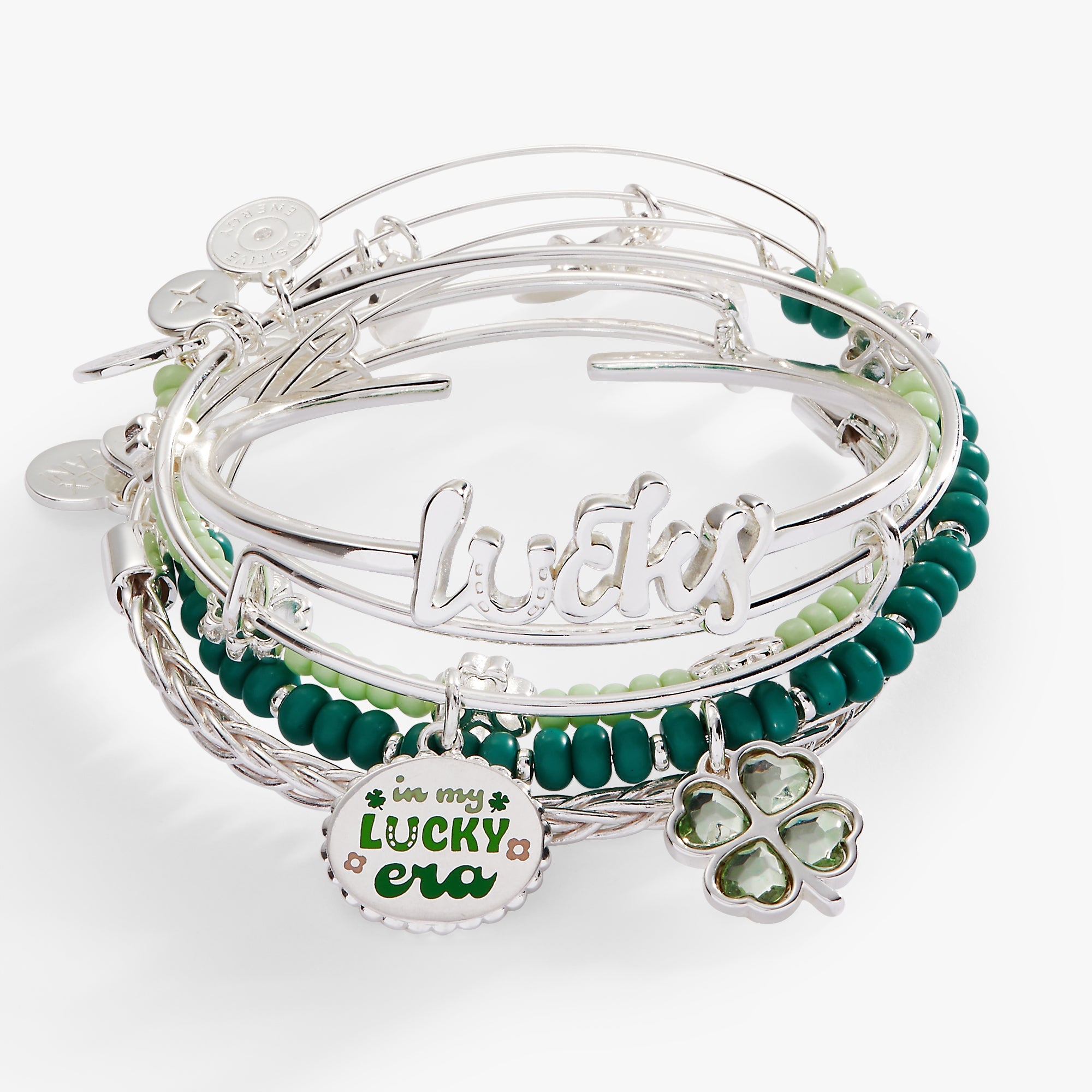 Set of five ALEX AND ANI silver lucky four-leaf clover bracelets, delicate bangles with floral-inspired charms.