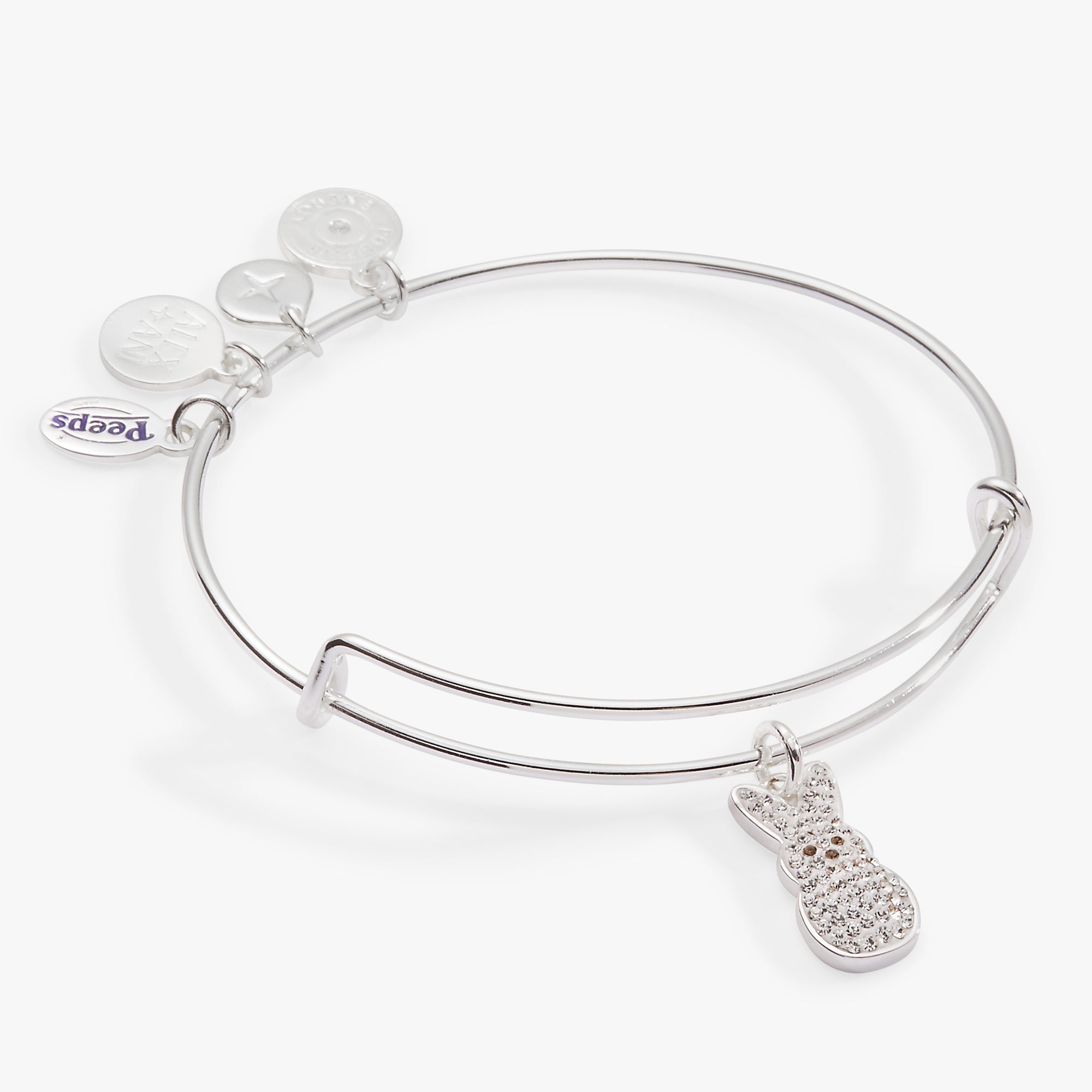 Silver PEEPS® Crystal Bunny Bangle bracelet by ALEX AND ANI featuring a sparkling bunny charm and elegant design.