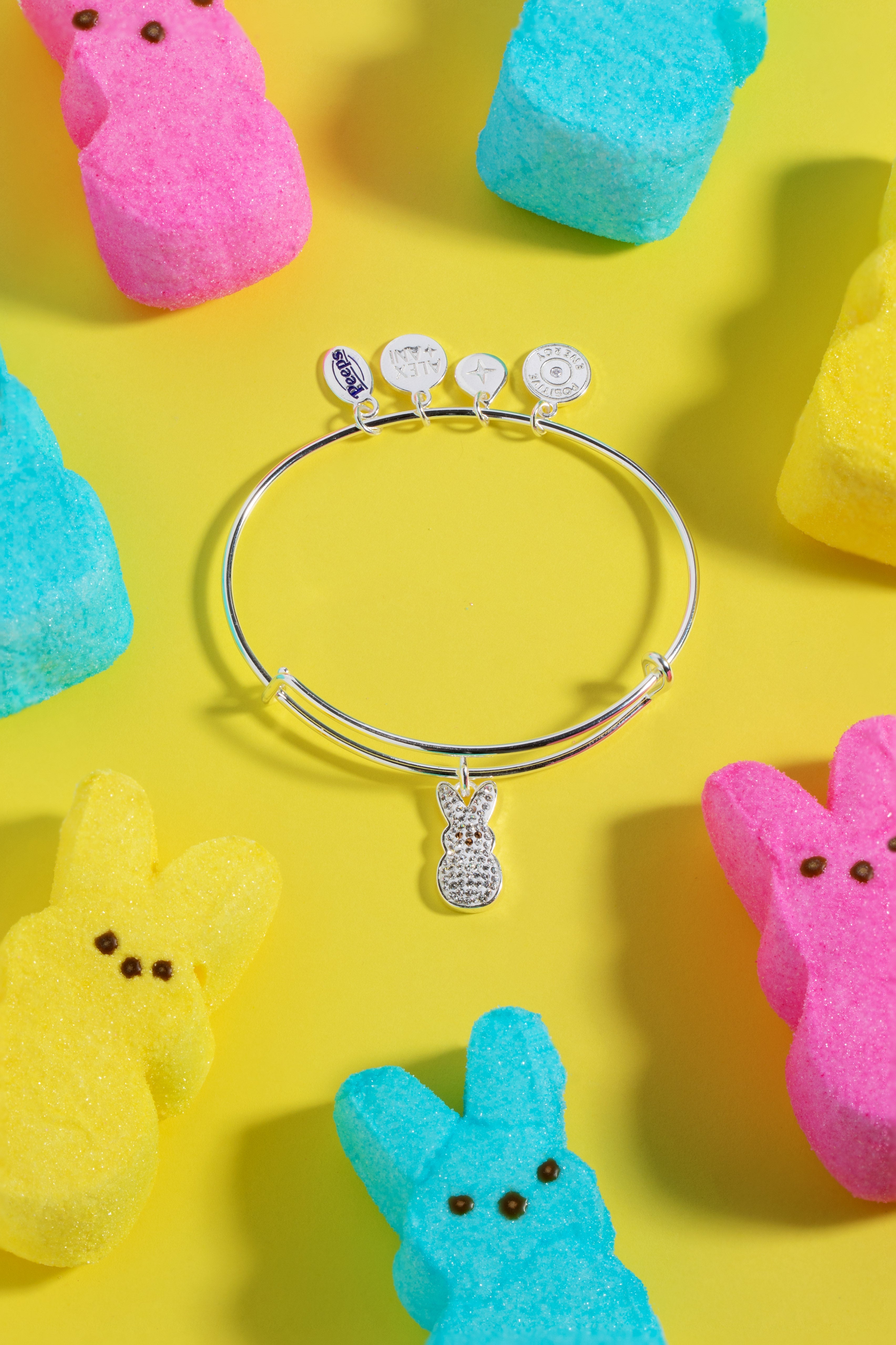 Silver PEEPS® Crystal Bunny Bangle by ALEX AND ANI featuring a delicate bunny charm with sparkling crystals.