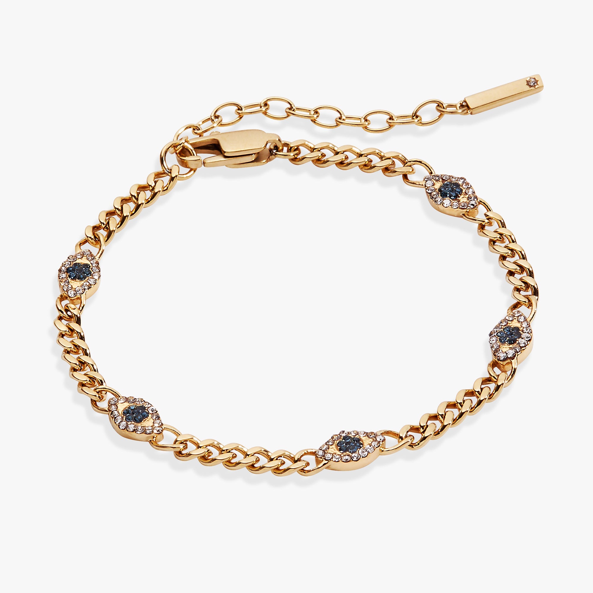 Gold stainless steel Evil Eye curb chain bracelet by ALEX AND ANI, featuring a detailed evil eye charm and sleek design.