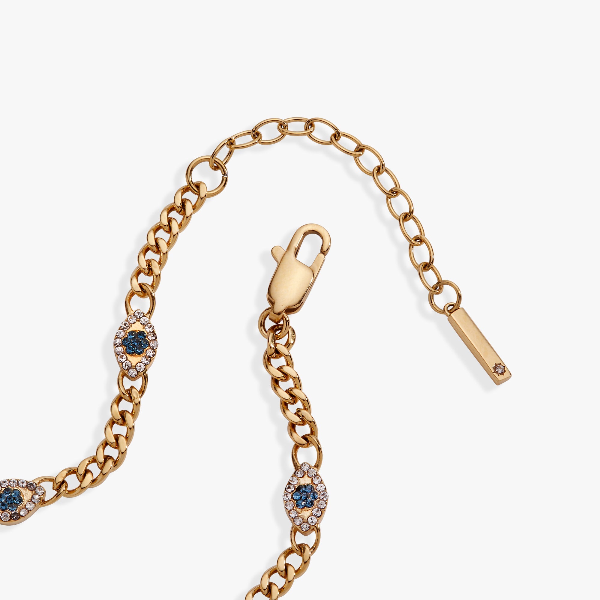 Gold stainless steel Evil Eye curb chain bracelet by ALEX AND ANI featuring an inline design with protective eye charm.