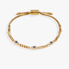 A set of gold-tone stainless steel Evil Eye Stranded™ bracelets by ALEX AND ANI, featuring eye charms and layered design.