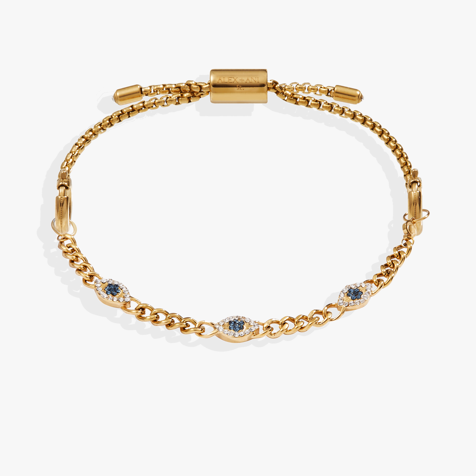 A set of gold-tone stainless steel Evil Eye Stranded™ bracelets by ALEX AND ANI, featuring eye charms and layered design.