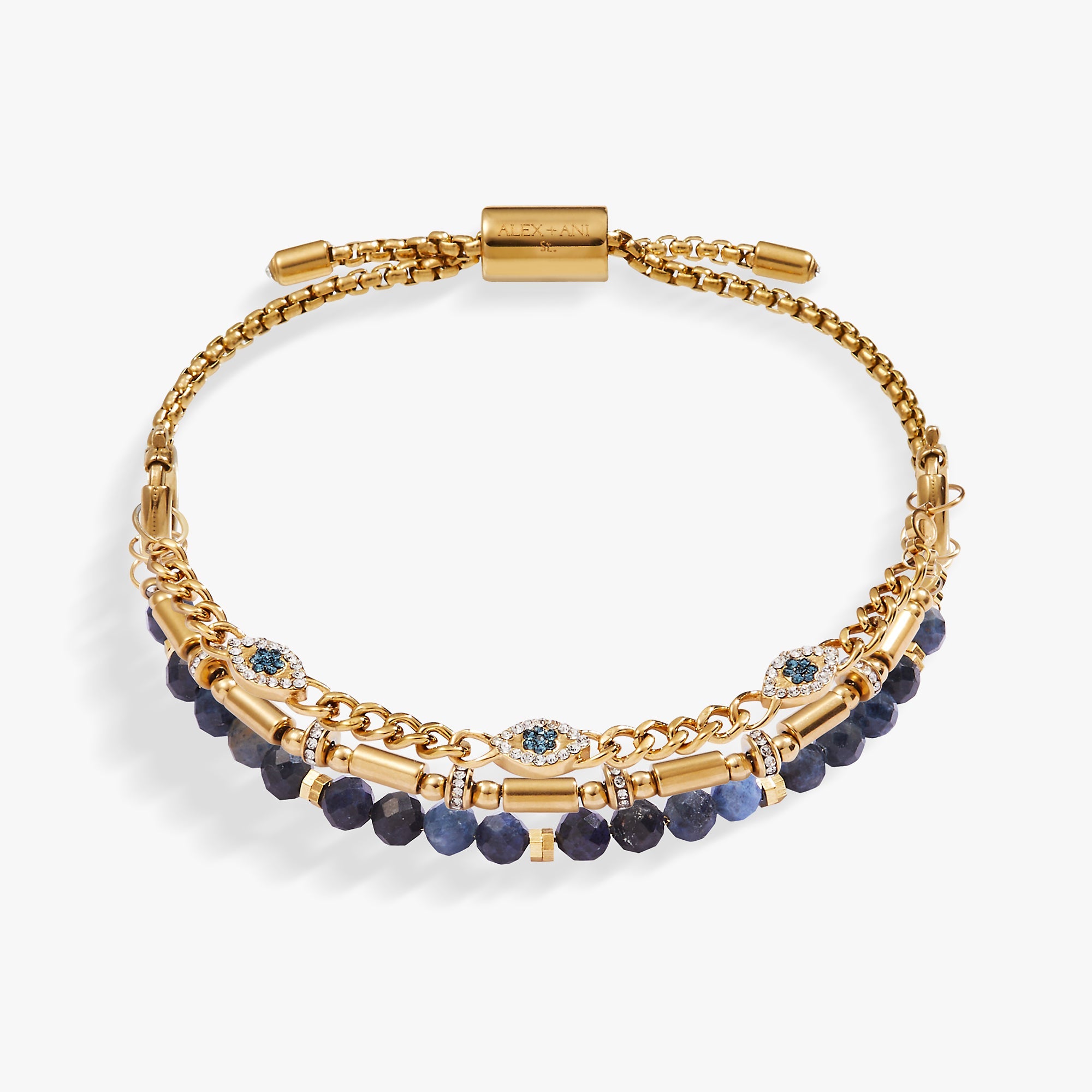 Set of gold stainless steel Evil Eye Stranded™ bracelets by ALEX AND ANI with eye charms and layered design.