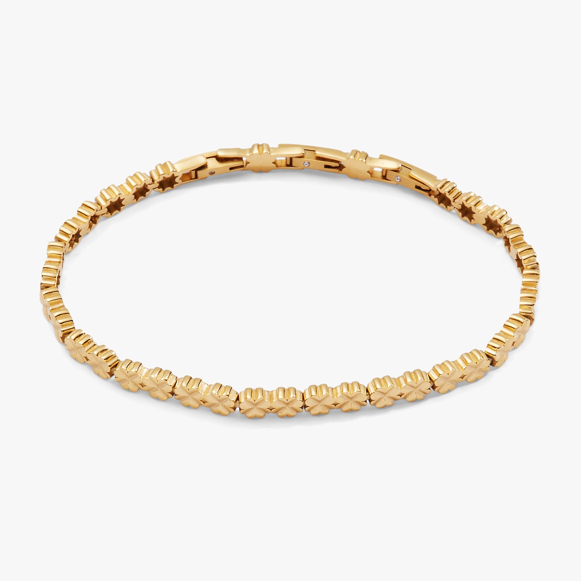Gold stainless steel tennis bracelet with a Lucky Clover charm by ALEX AND ANI, featuring a elegant and dainty design.