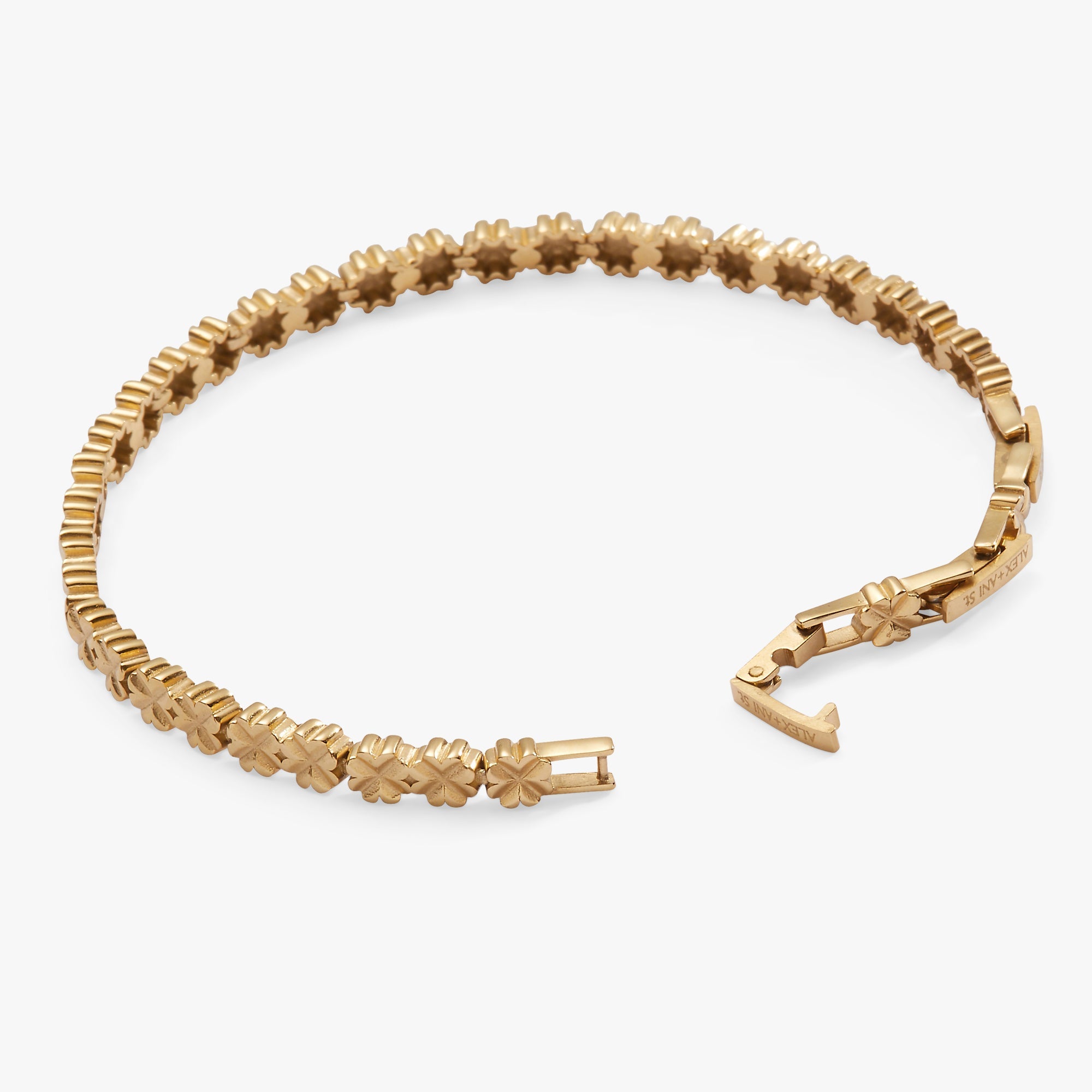 Gold stainless steel tennis bracelet with Lucky Clover Charm by ALEX AND ANI, featuring a delicate chain and detailed clover pendant.