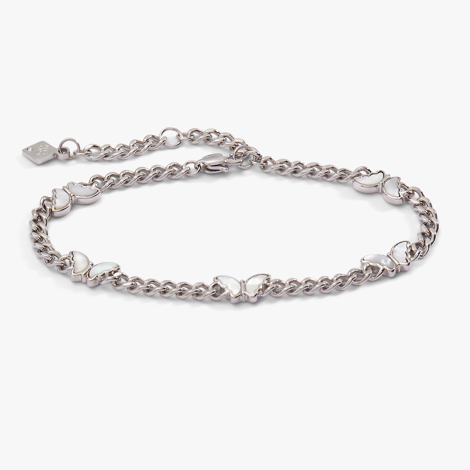 Silver stainless steel butterfly curb chain bracelet by ALEX AND ANI with detailed butterfly charm and classic curb link design.