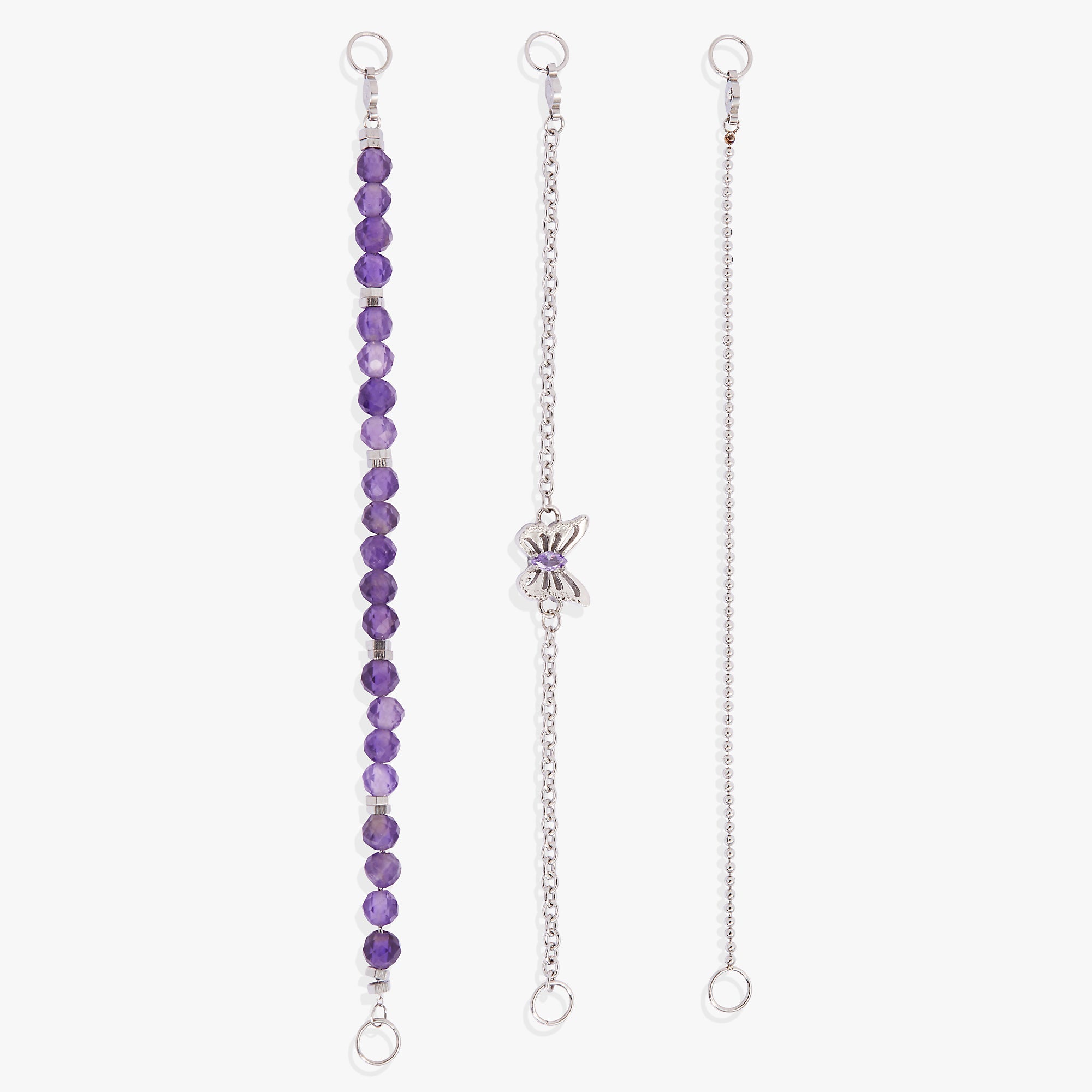 Set of three silver Butterfly Stranded™ bracelets by ALEX AND ANI featuring stainless steel design and delicate butterfly charms.