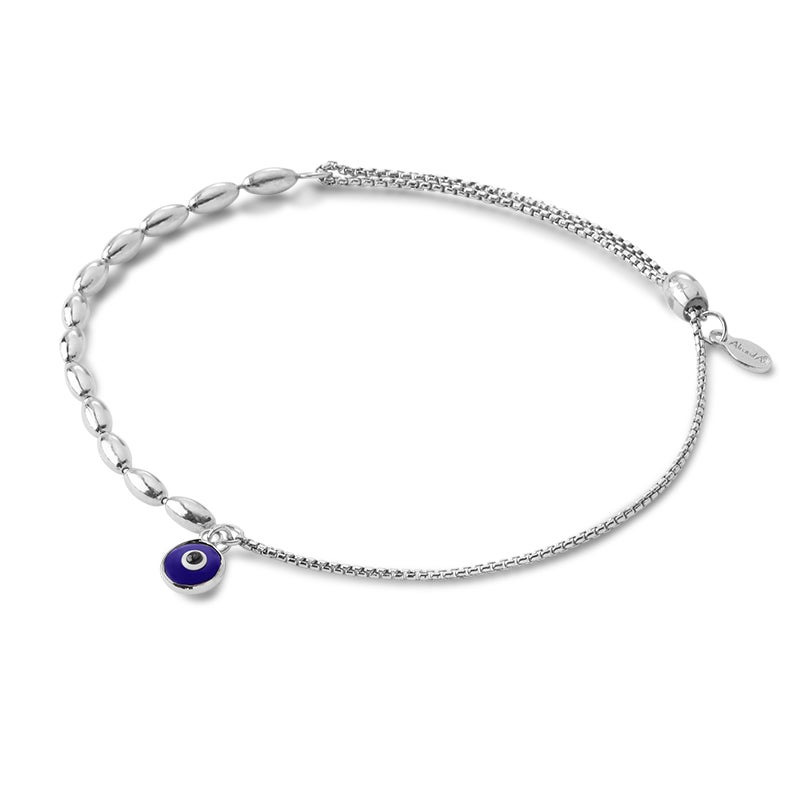 Sterling silver Evil Eye pull chain bracelet by ALEX AND ANI featuring a protective eye charm and adjustable chain.