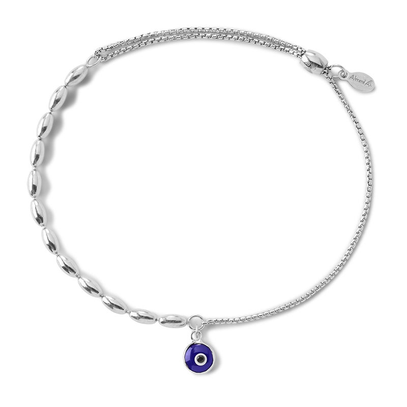Sterling silver Evil Eye pull chain bracelet by ALEX AND ANI, featuring a detailed evil eye charm on a sleek chain.