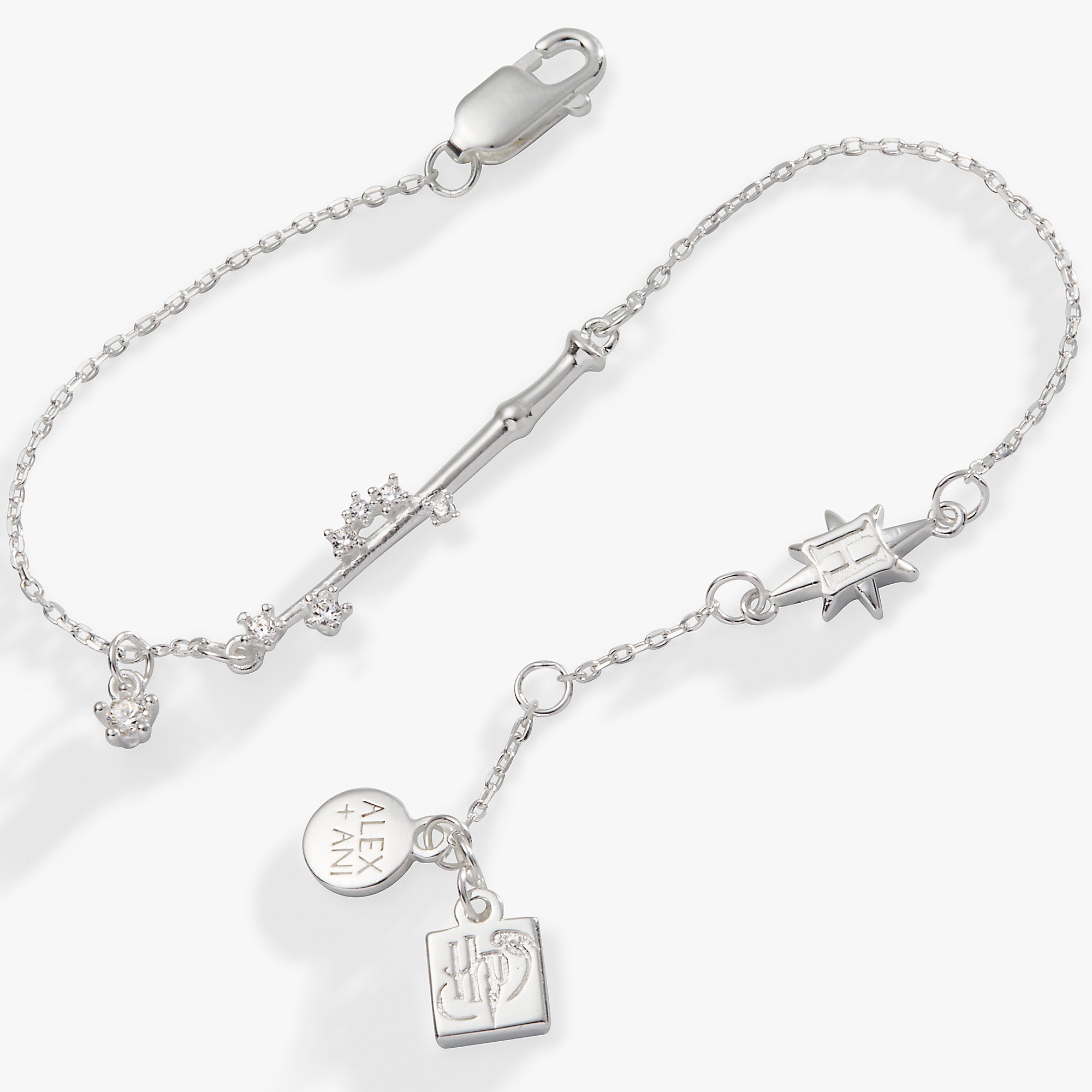 Sterling silver Harry Potter wand adjustable bracelet by ALEX AND ANI featuring detailed wand charm and sleek design.