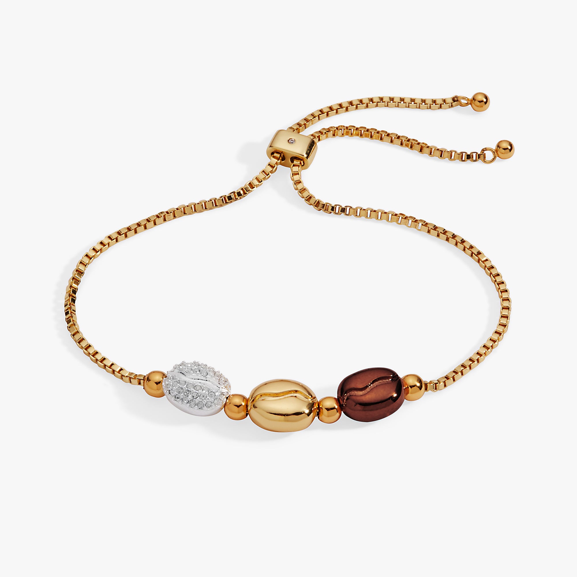 Tri-tone Coffee Bean Bolo Bracelet by ALEX AND ANI featuring adjustable design and coffee bean charm for a stylish accessory.