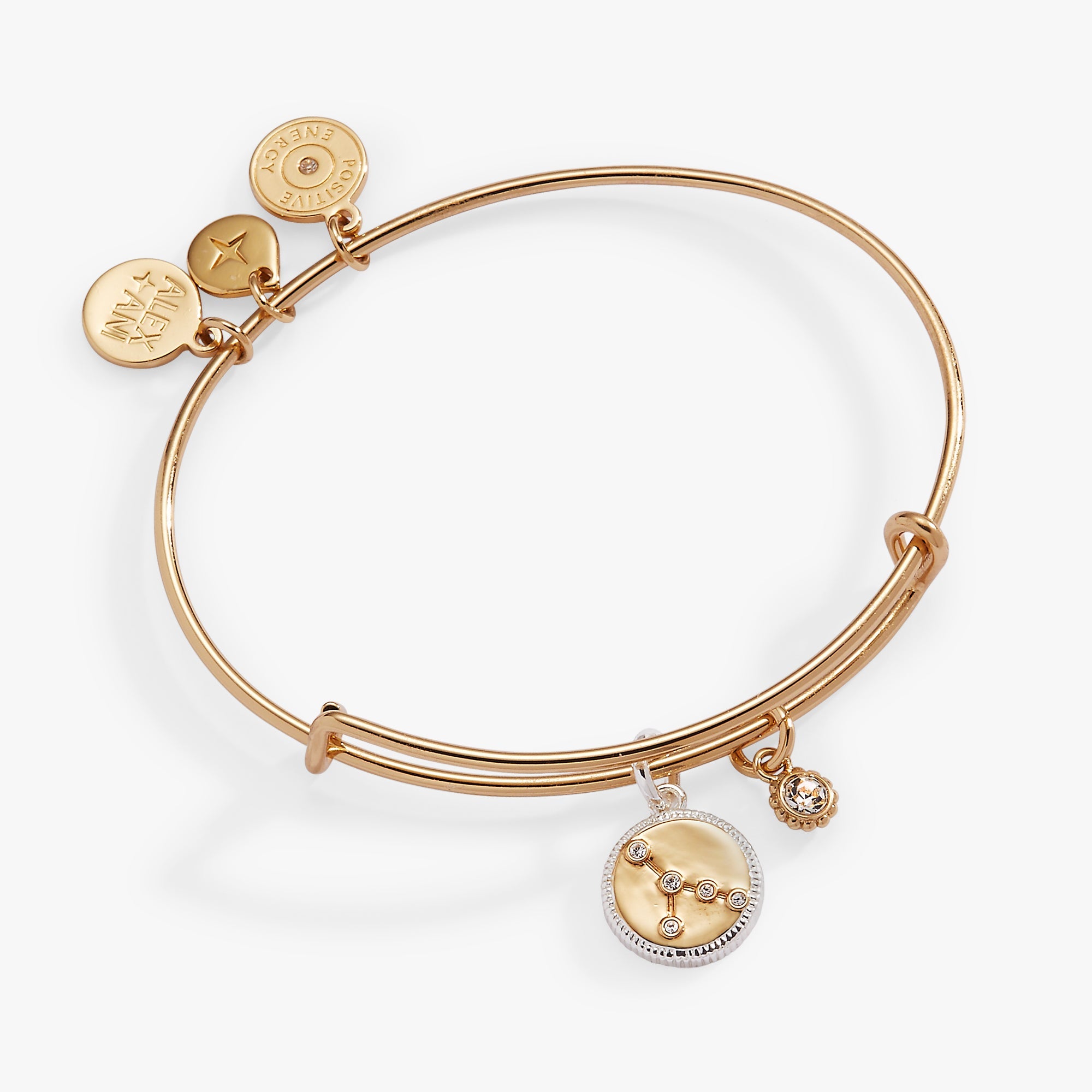 Two-tone Cancer zodiac charm bangle bracelet by ALEX AND ANI featuring a detailed Cancer symbol and elegant design.