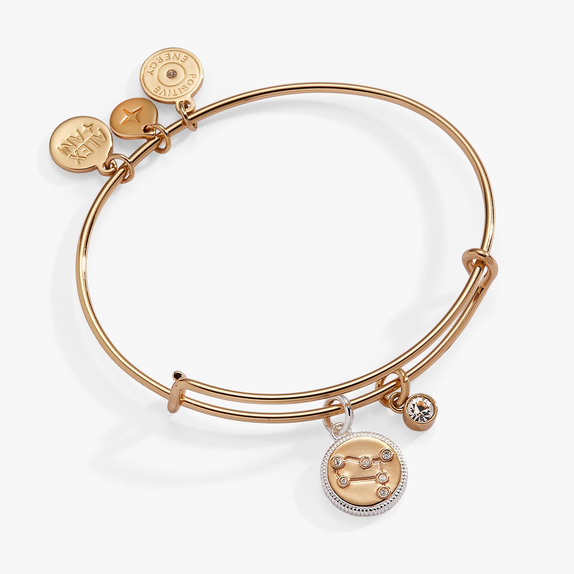 Two-tone Gemini zodiac charm bangle bracelet from ALEX AND ANI with zodiac symbol and celestial design.
