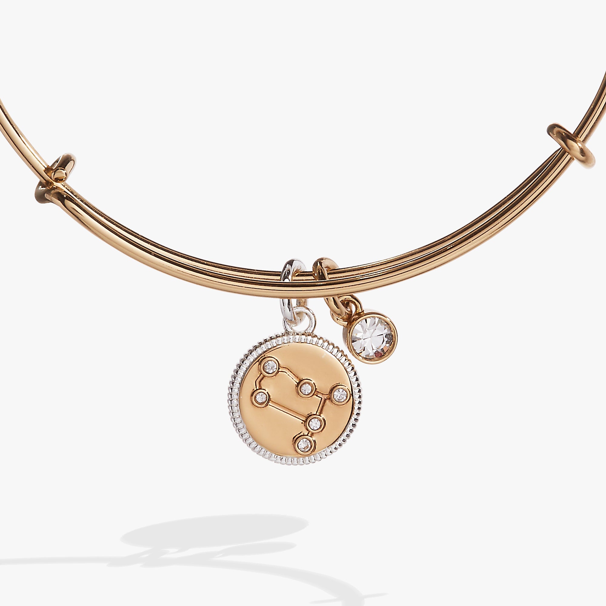 Two-tone Gemini zodiac charm bangle by ALEX AND ANI with engraved zodiac symbol and decorative accents on a sleek bracelet.