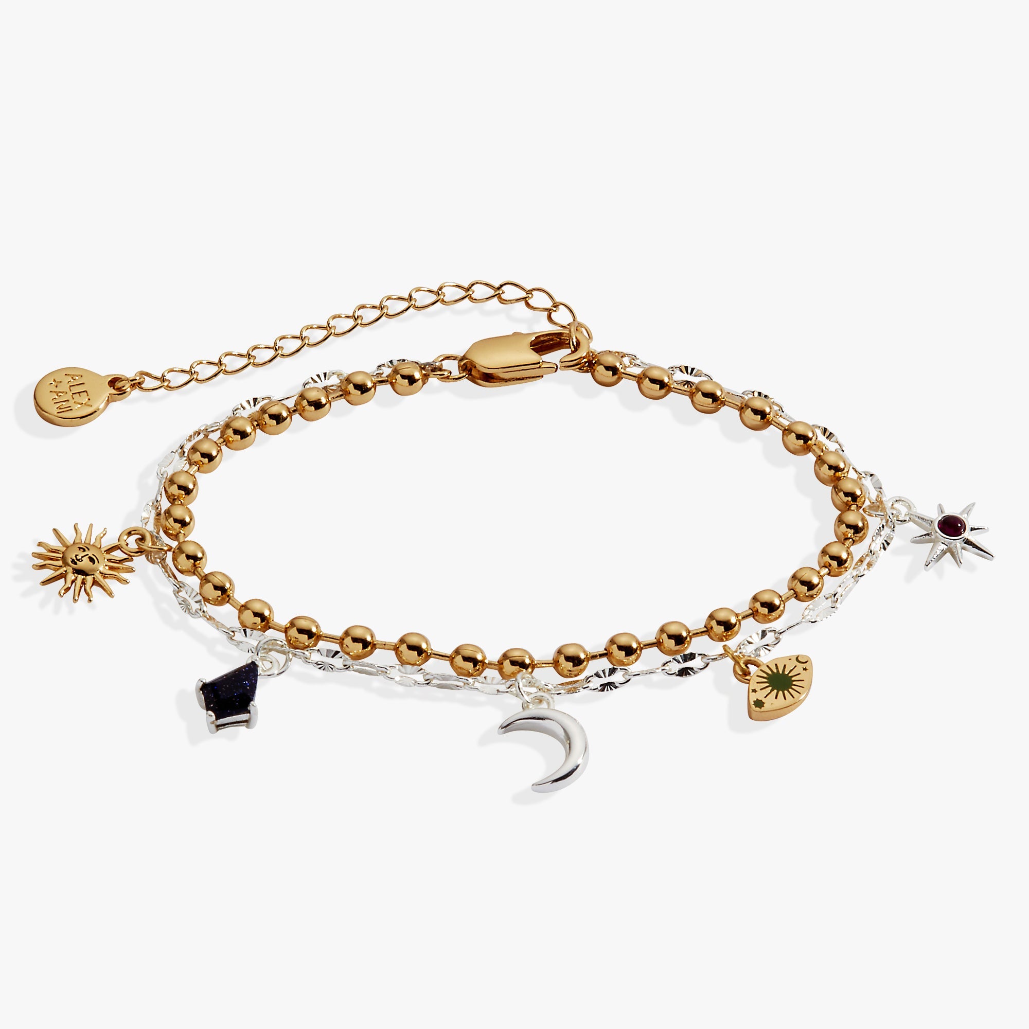 Two-tone Moon Magic 2 Row Charm Bracelet by ALEX AND ANI featuring celestial moon charms and layered design.