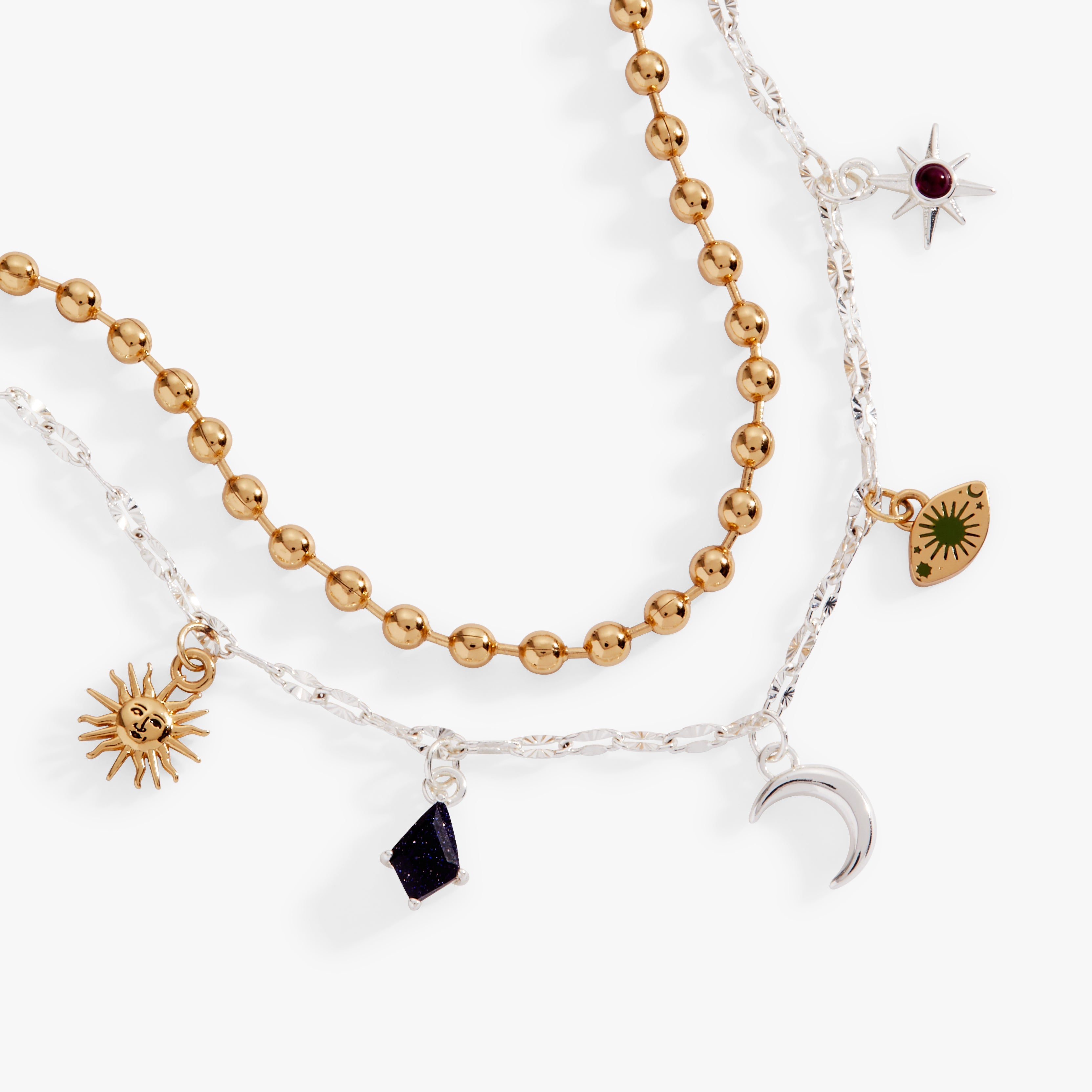 ALEX AND ANI Moon Magic 2 Row Charm Bracelet featuring two-tone design, celestial moon charms, and layered style.
