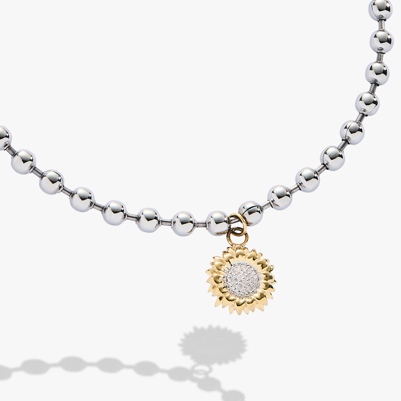 Two-tone stainless steel Sunflower Ball Chain bracelet by ALEX AND ANI with sunflower-shaped accents and a sleek, polished finish.