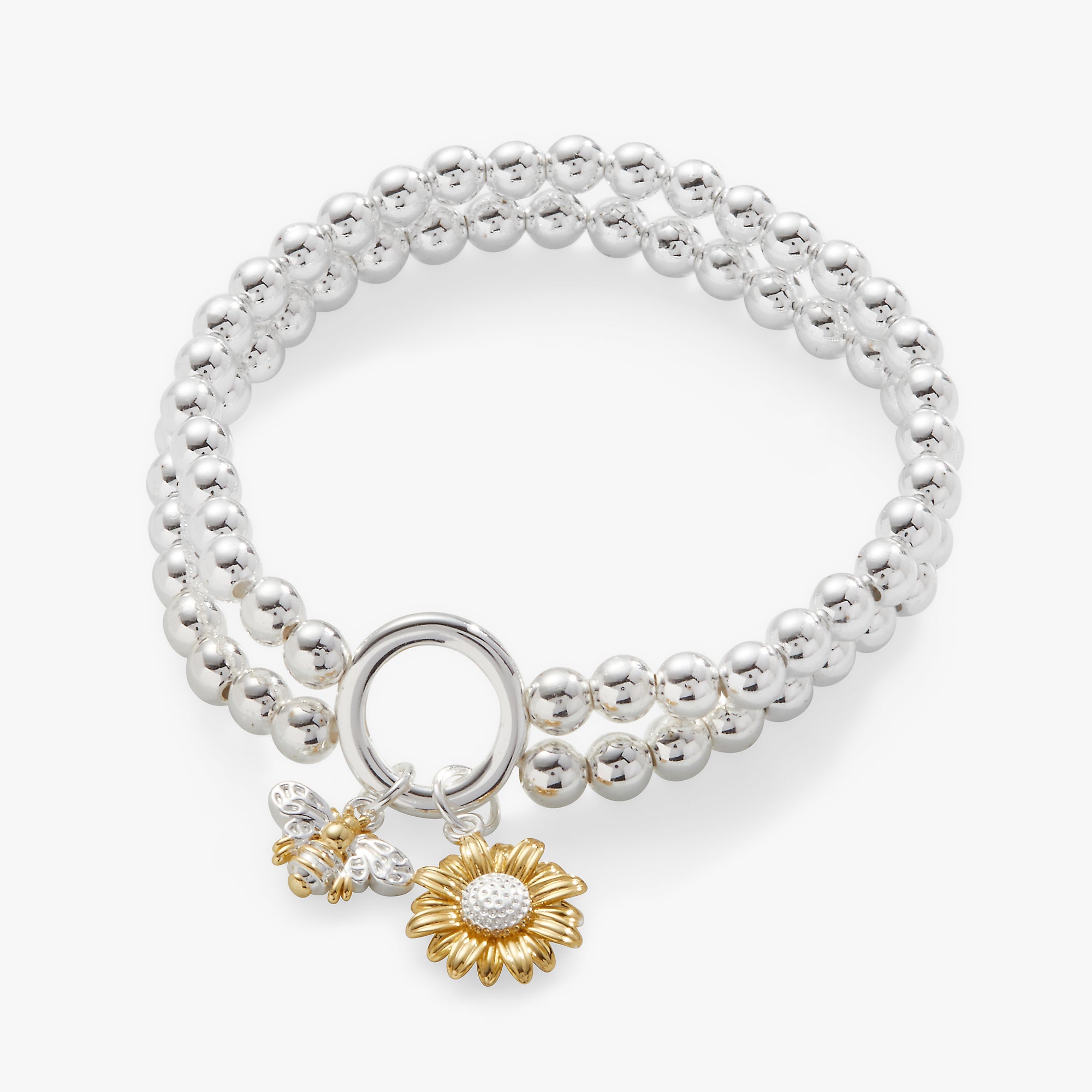ALEX AND ANI sunflower and bee double stretch bracelet with two-tone metal design, featuring floral and insect motifs.