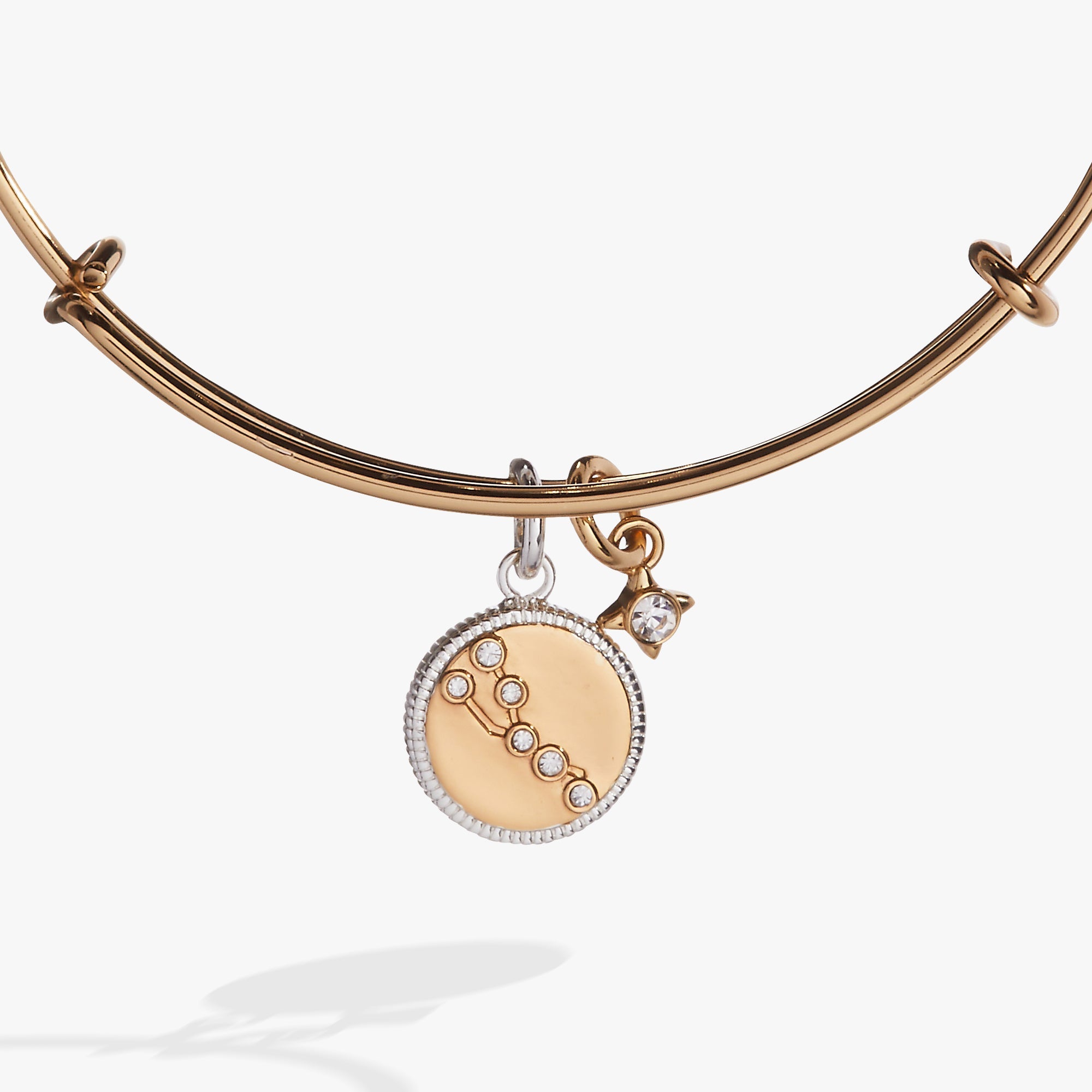 Two-tone Taurus zodiac charm bangle bracelet by ALEX AND ANI featuring a Taurus symbol pendant and sleek metal design.