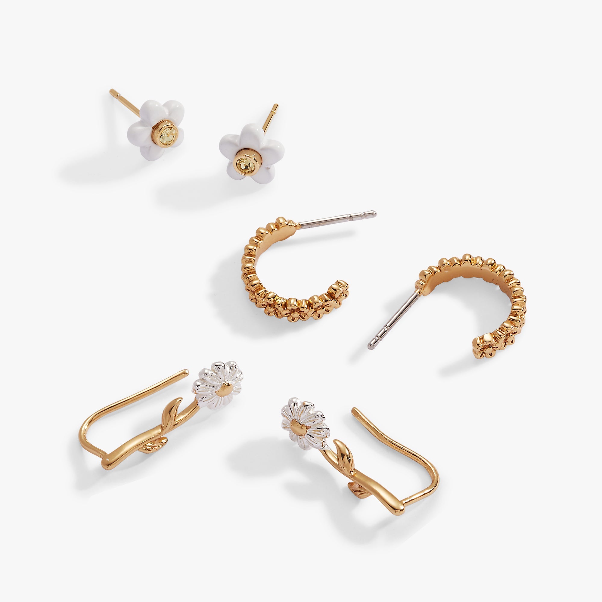 Set of three gold Daisy Flower earrings including studs and huggie hoops by ALEX AND ANI, featuring floral jewelry design.