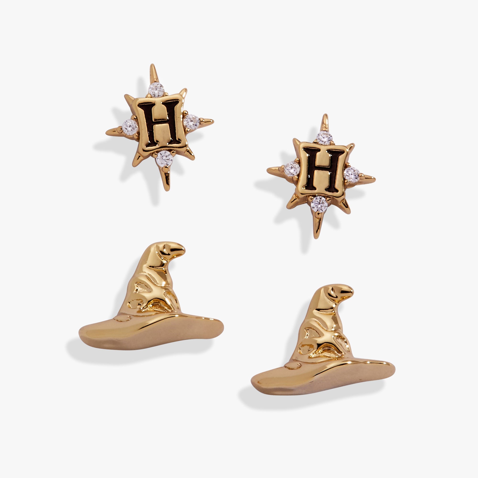 Gold Harry Potter Hogwarts and Sorting Hat earrings set by ALEX AND ANI, featuring detailed charms on classic earrings.