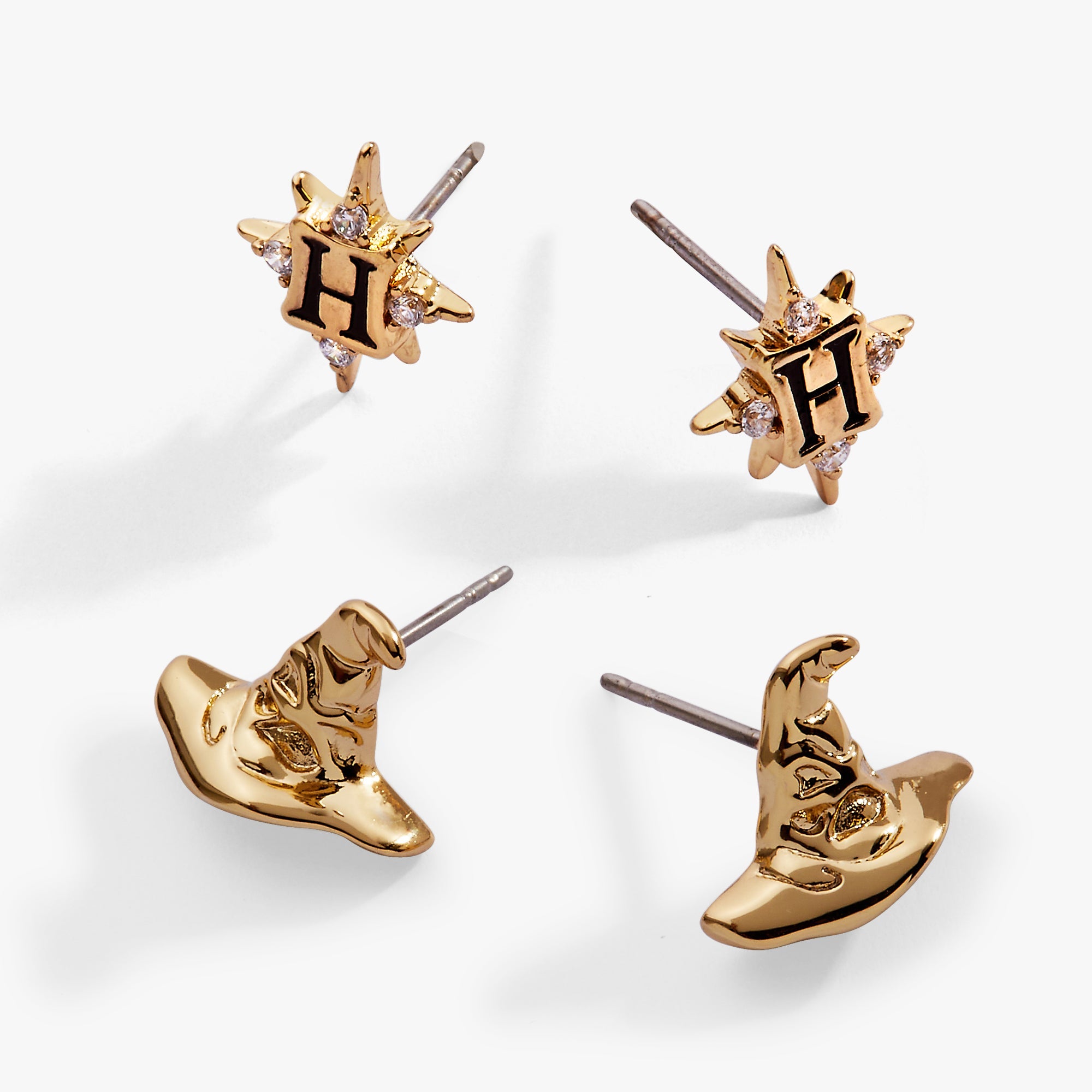 Gold Harry Potter Hogwarts and Sorting Hat earrings set of 2 by ALEX AND ANI, featuring detailed wizarding charm designs.