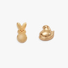 Gold PEEPS® Bunny and Chick stud earrings by ALEX AND ANI, detailed jewelry featuring colorful Easter-themed designs.