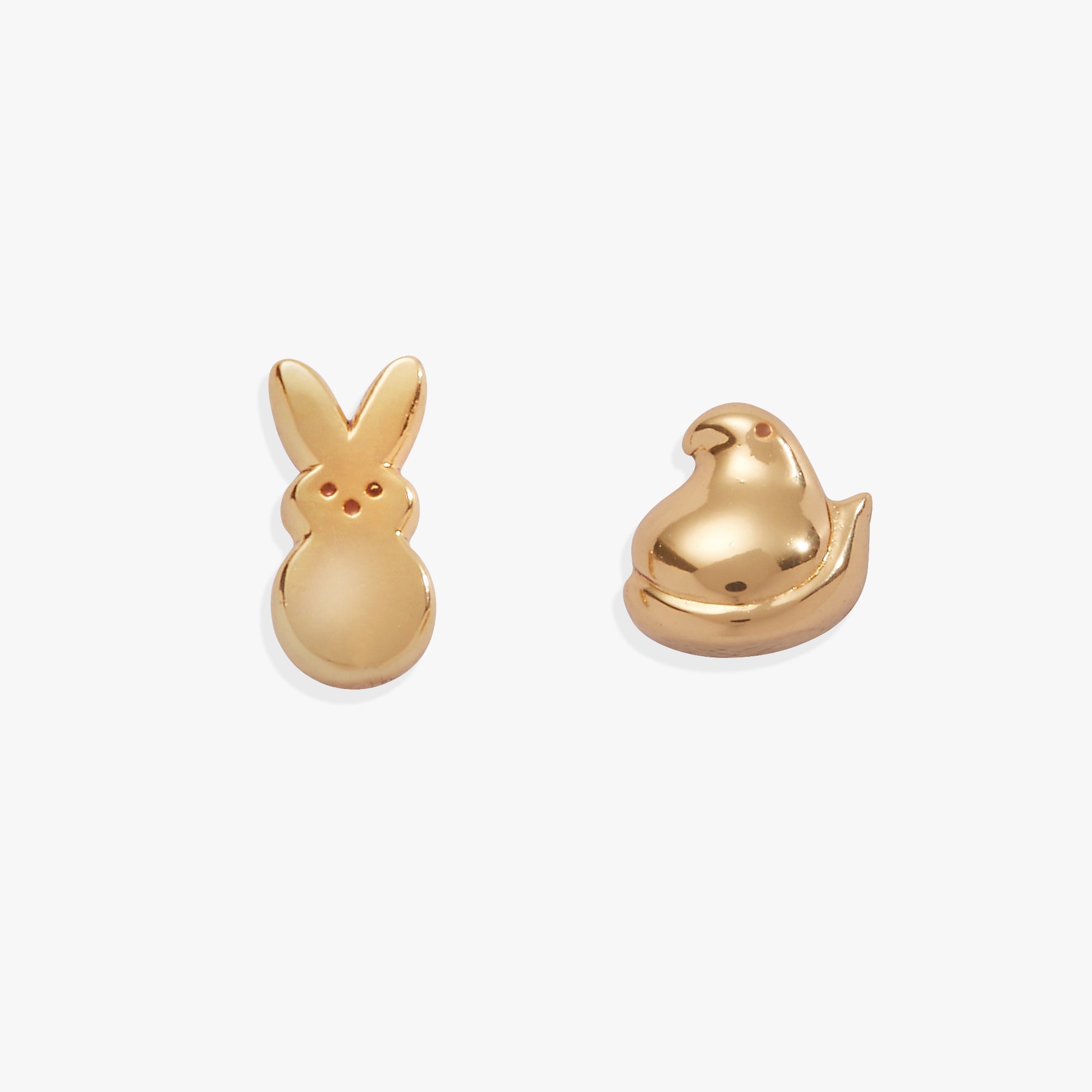Gold PEEPS® Bunny and Chick stud earrings by ALEX AND ANI, detailed jewelry featuring colorful Easter-themed designs.